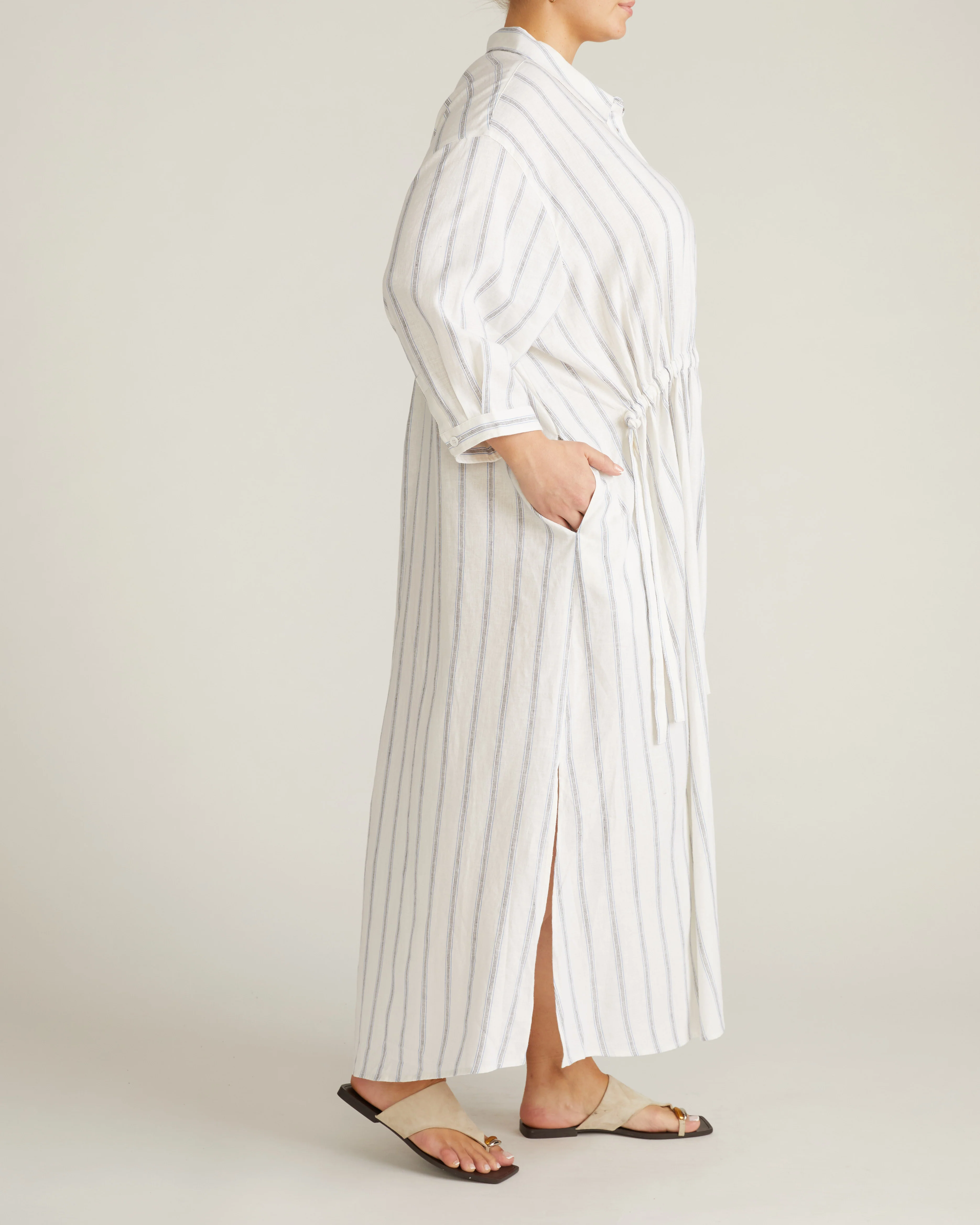 Paros Drawstring Linen Shirtdress - Mayfair Stripe - Image 4