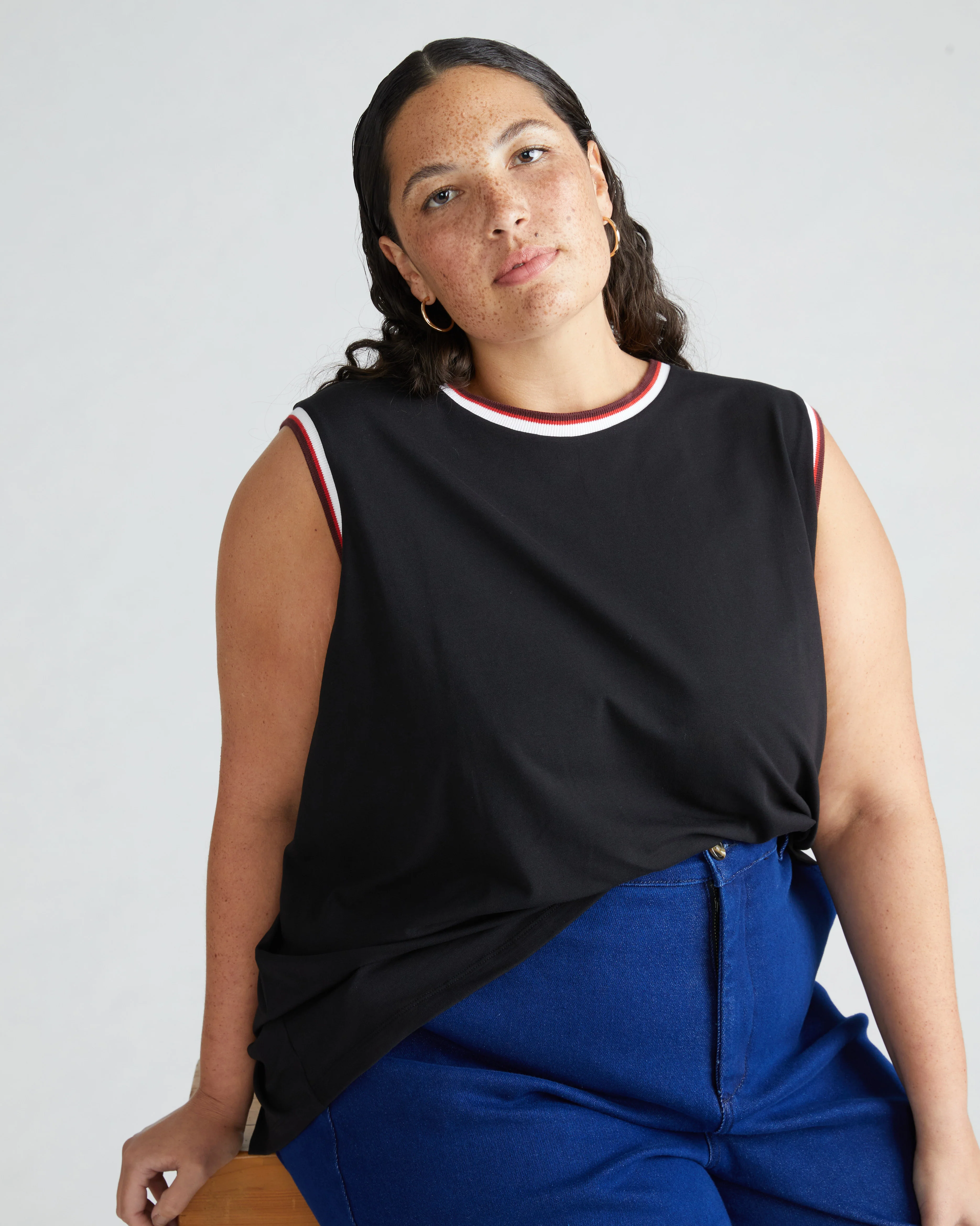 Patti Muscle Tank - Black/Striped Trim - Image 2
