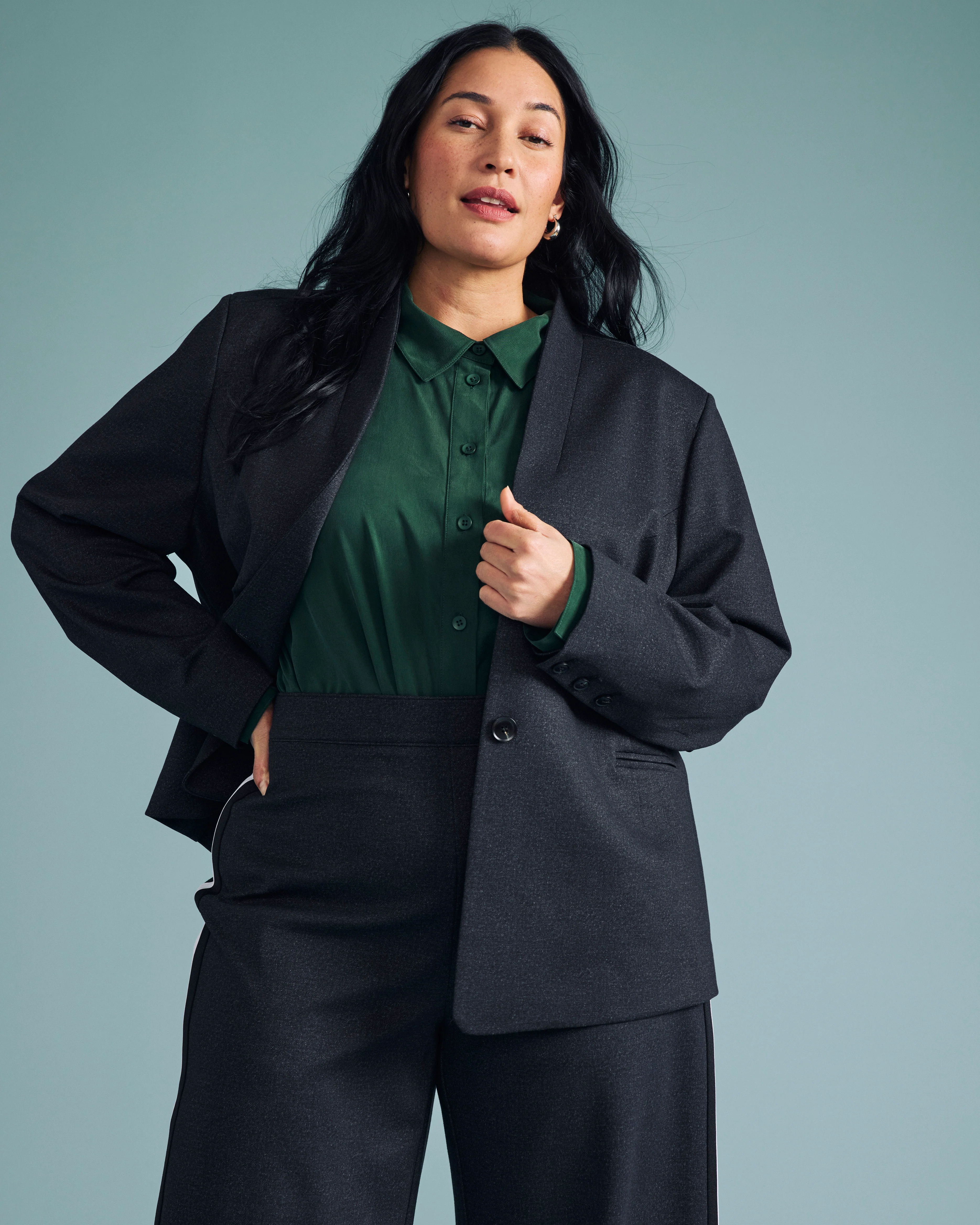 PowerPonte Denim Collarless Blazer - Charcoal - Image 2
