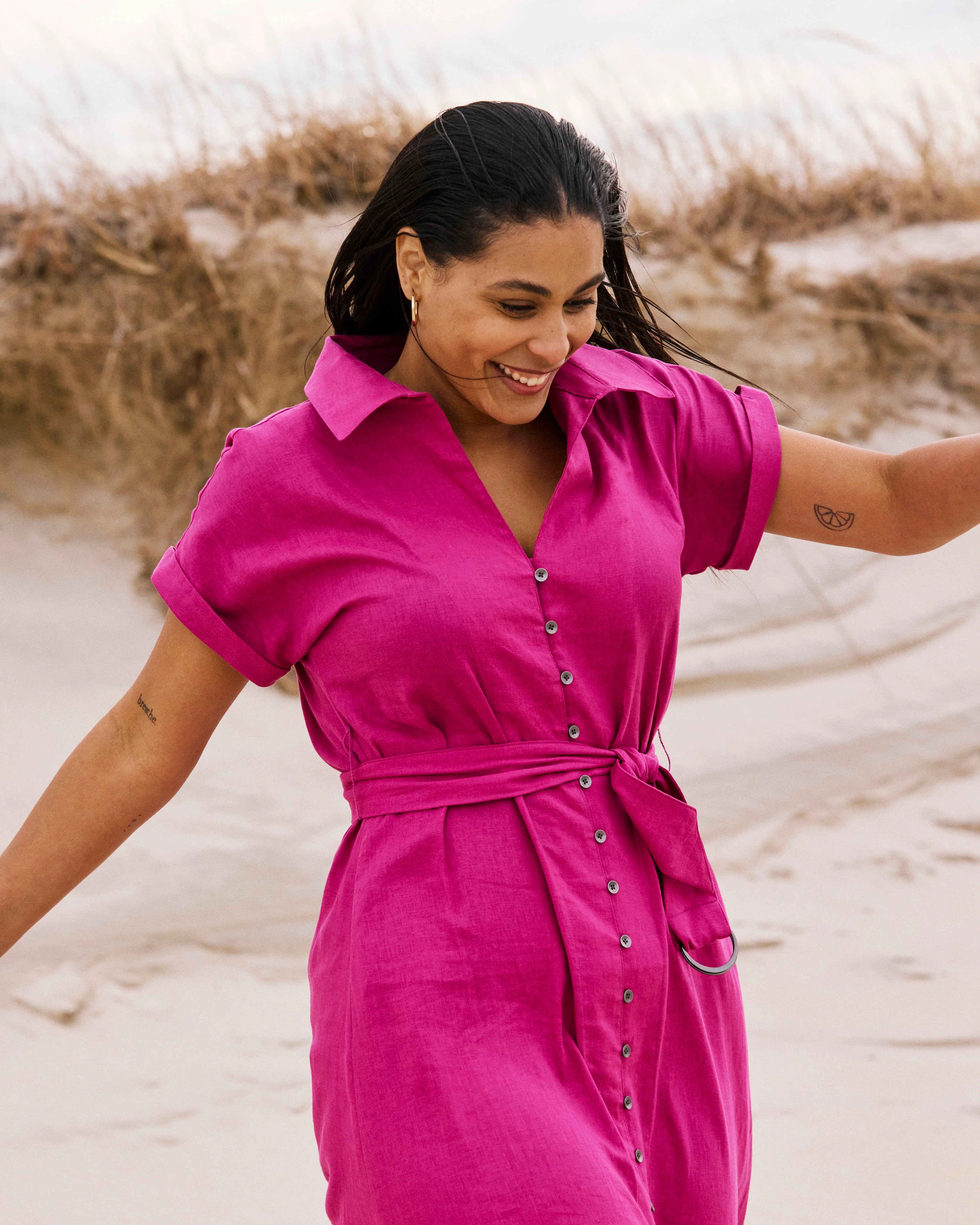 Sandy Stretch Linen Shirtdress - Hyper Pink - Image 2