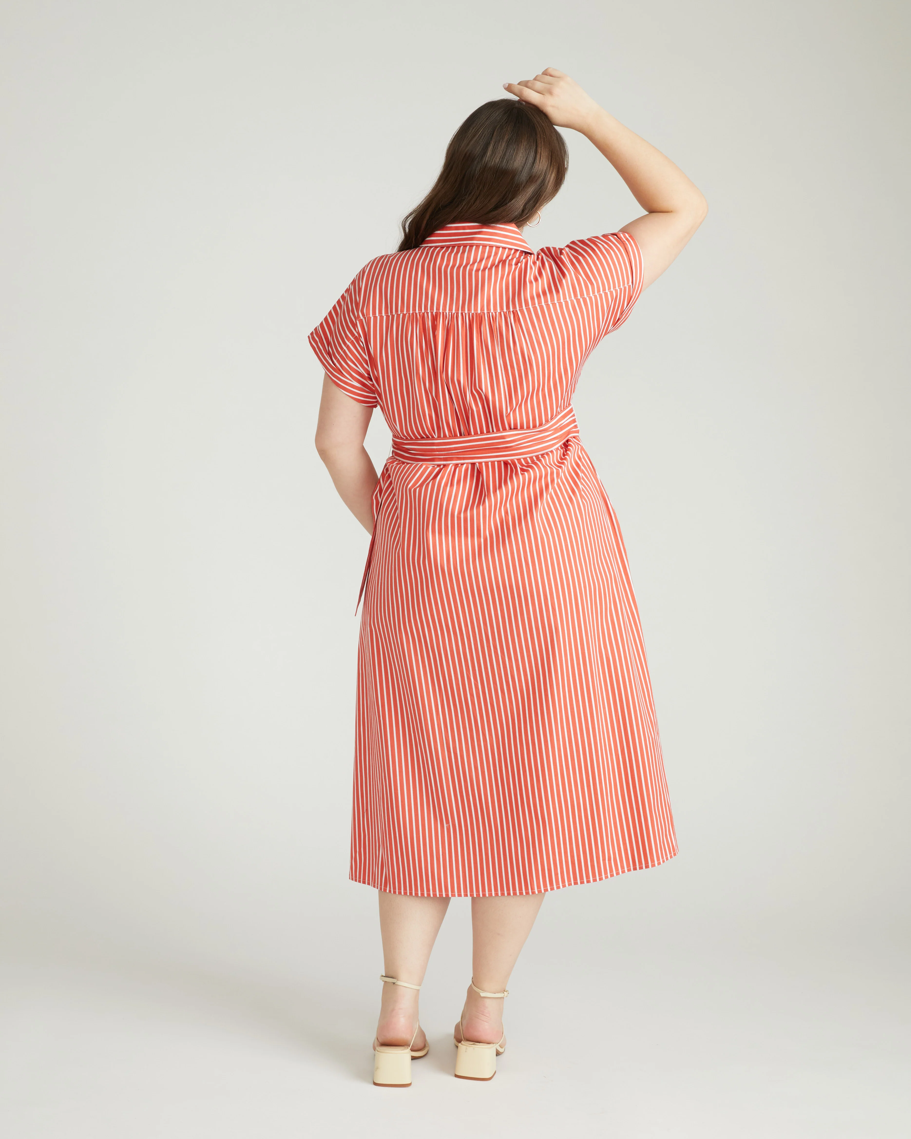 Sandy Stretch Poplin Shirtdress - Coral Reef/White Stripe - Image 5