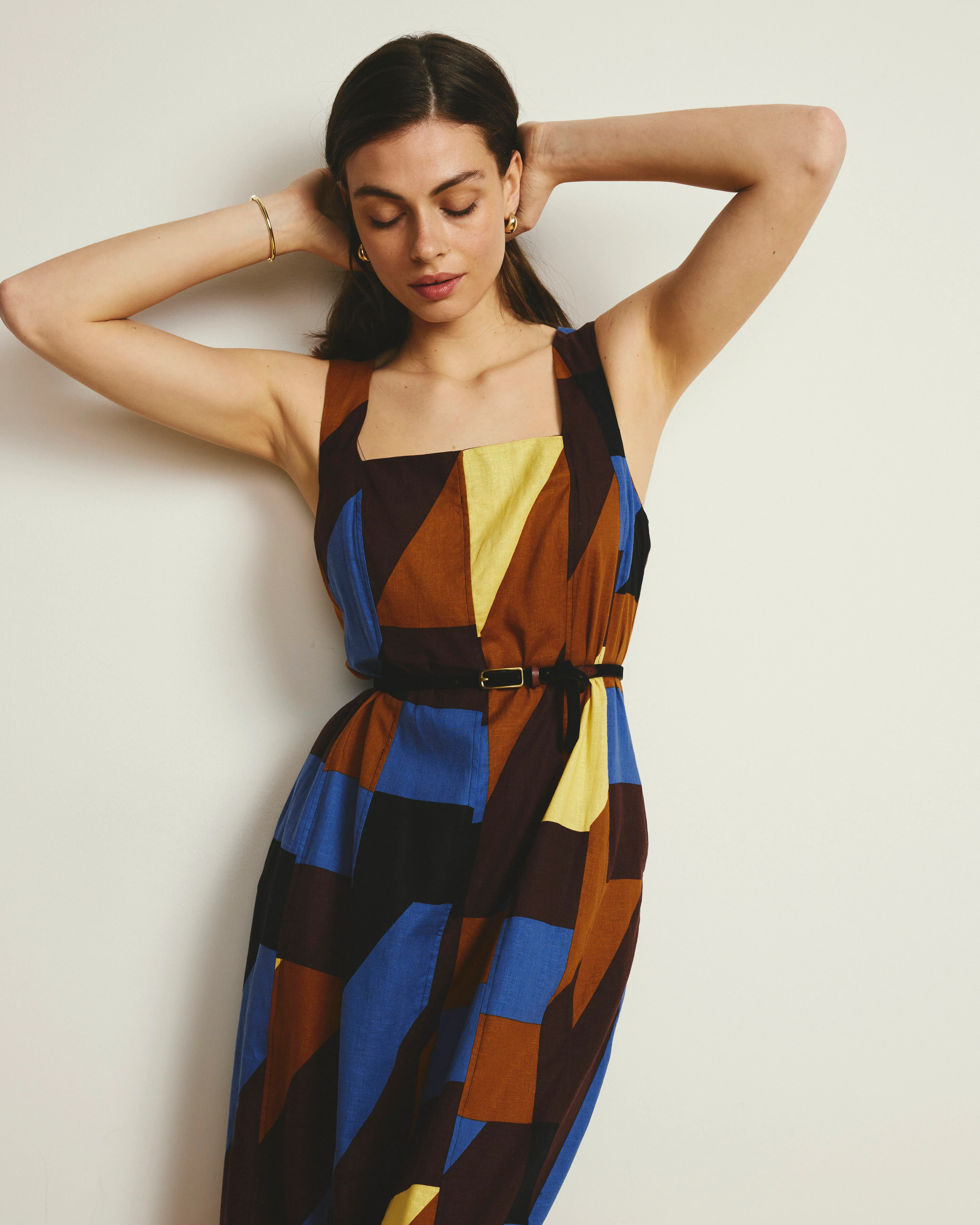 Saulay Square Neck Linen Midi Dress - Beach Ombra Print - Image 2