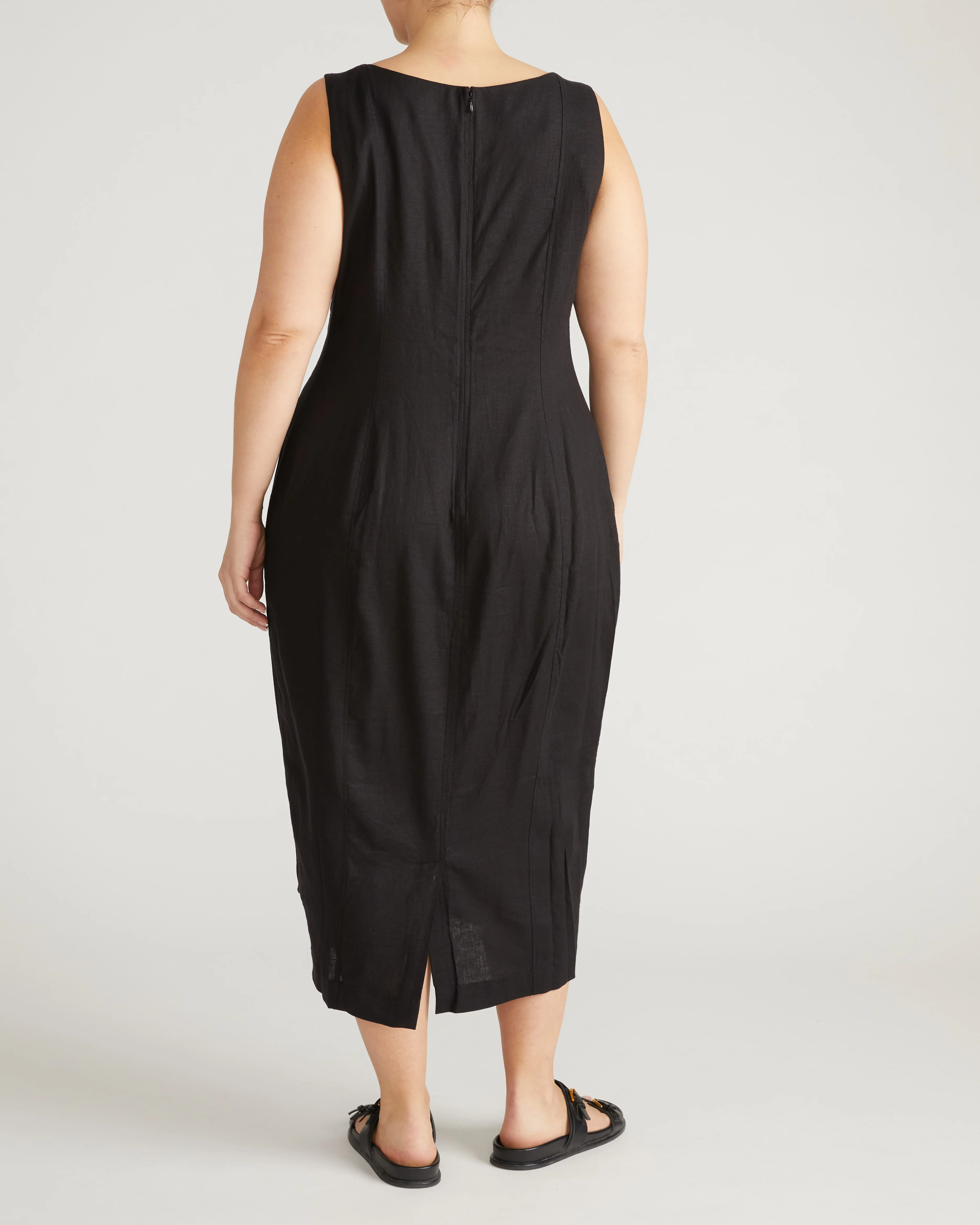 Saulay Square Neck Linen Midi Dress - Black - Image 4