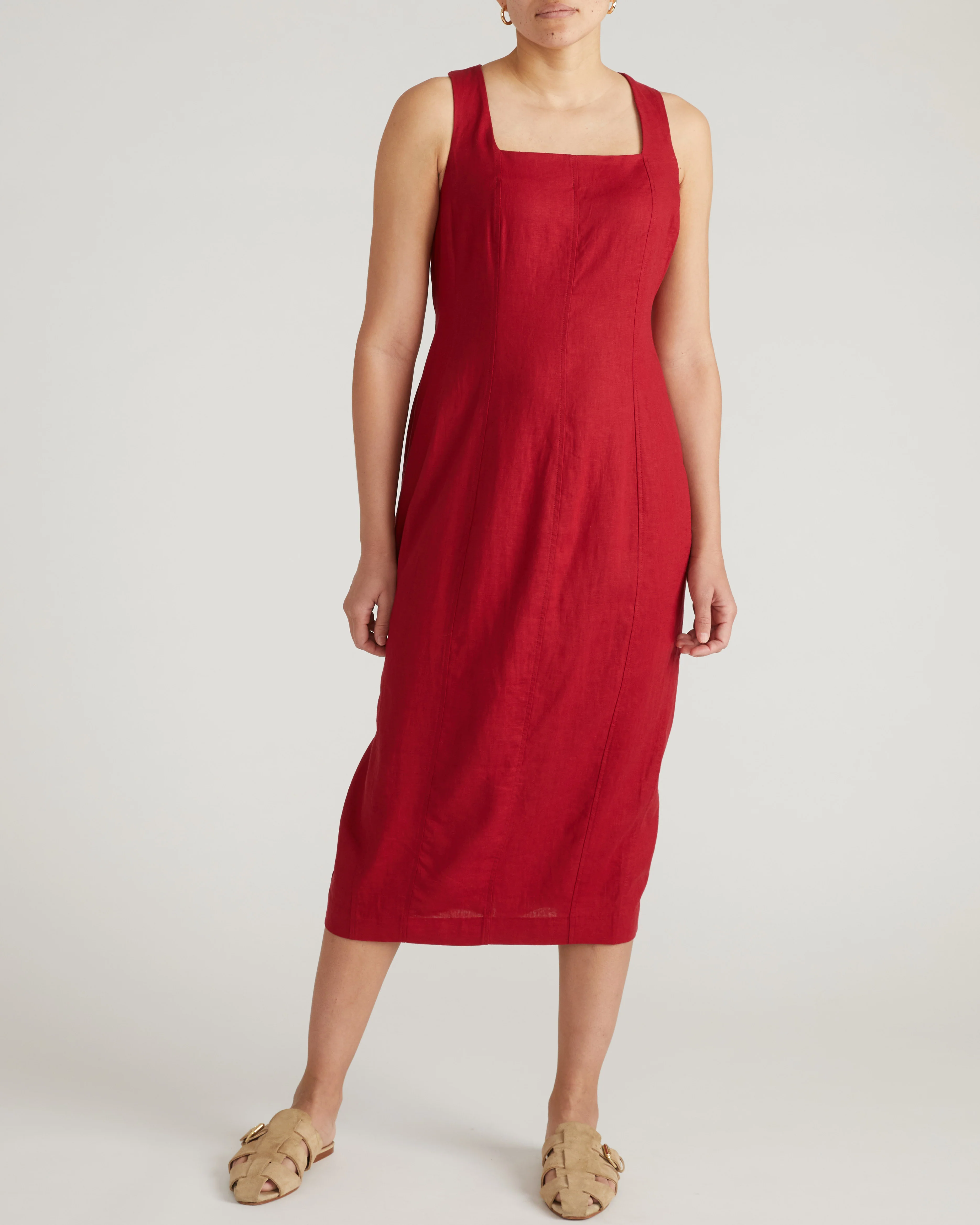 Saulay Square Neck Linen Midi Dress - Vibrant Red - Image 3