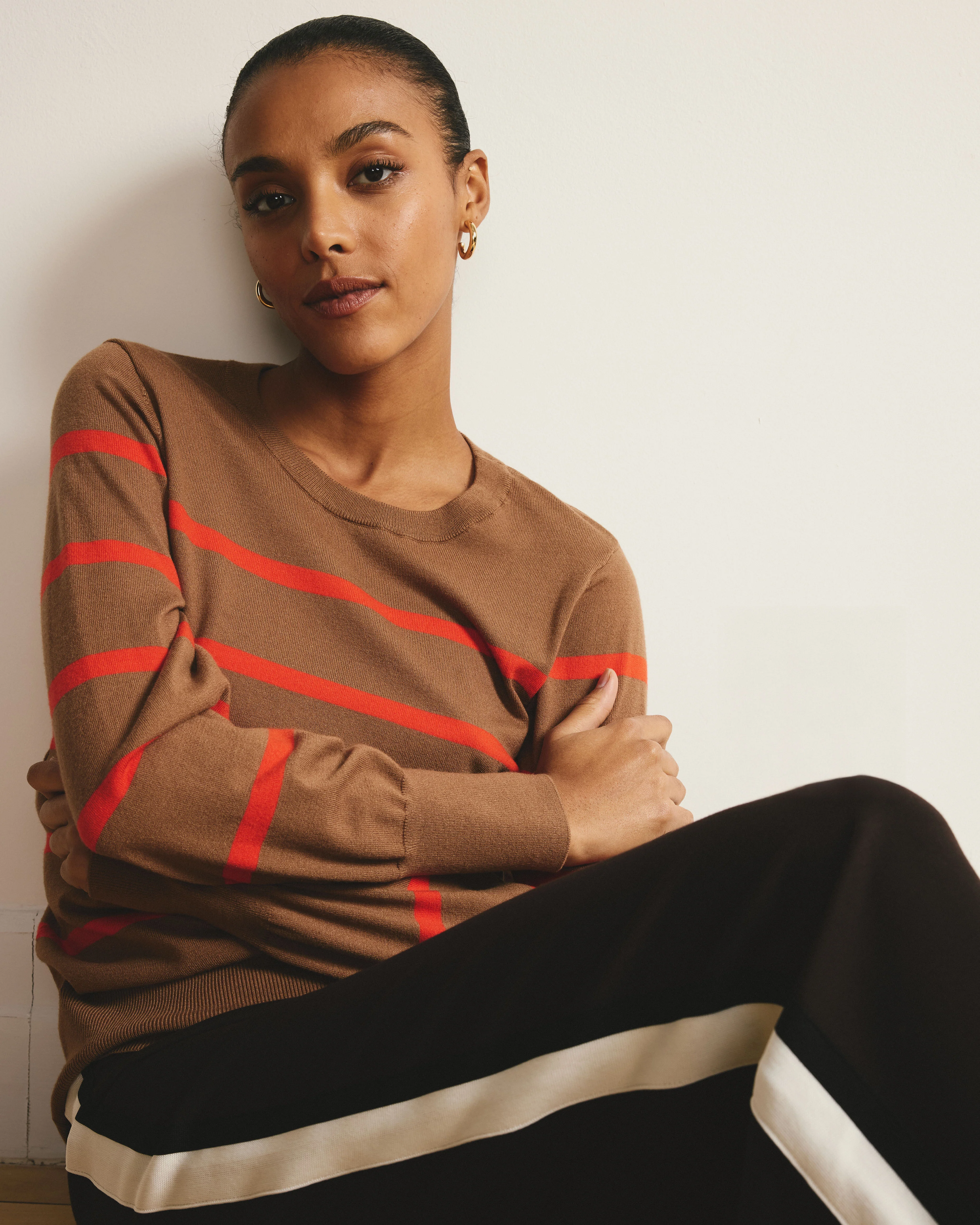 Savvy Fine Knit Crew Sweater - Classic Camel/Poppy Stripe - Image 3