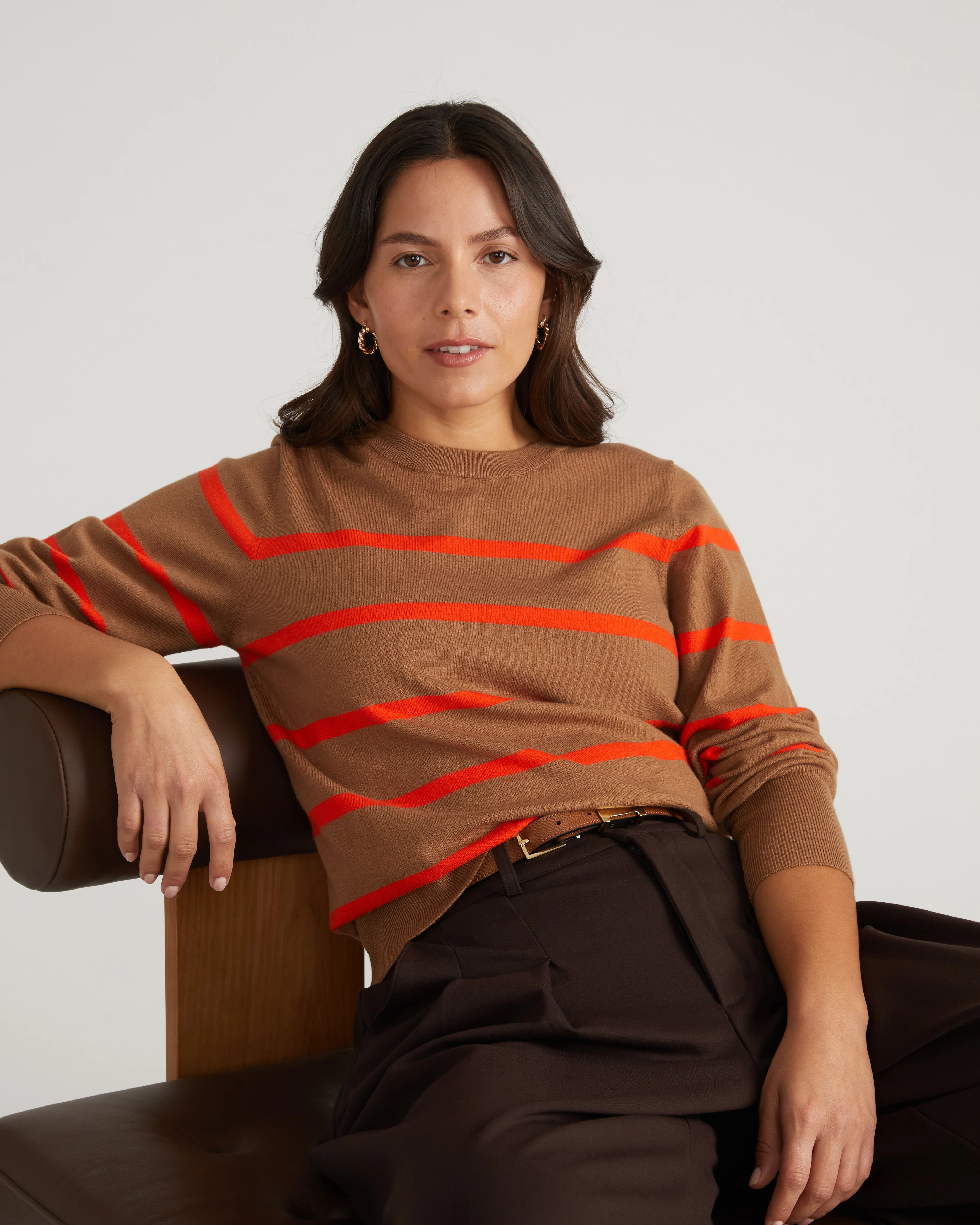 Savvy Fine Knit Crew Sweater - Classic Camel/Poppy Stripe - Image 5