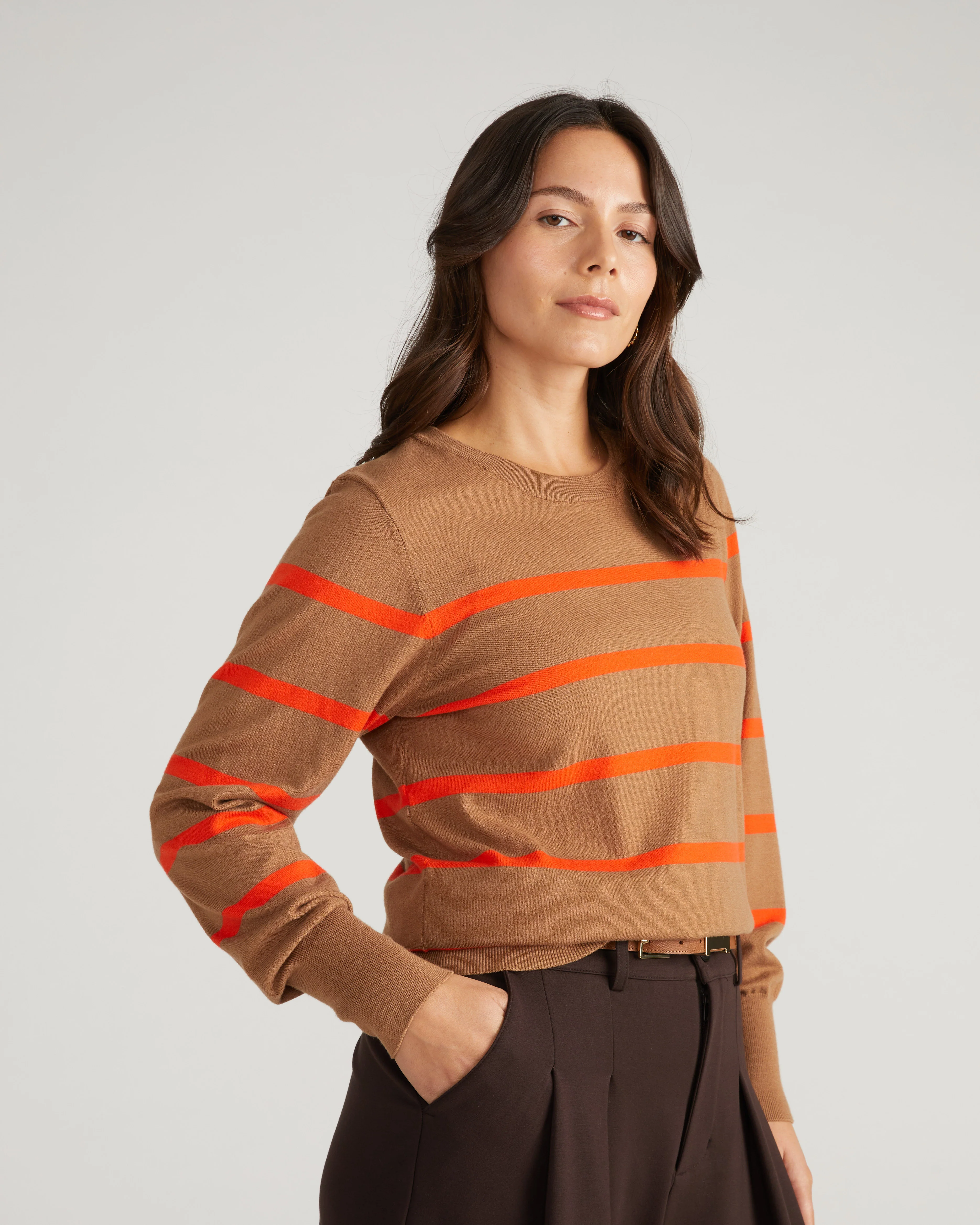 Savvy Fine Knit Crew Sweater - Classic Camel/Poppy Stripe - Image 6