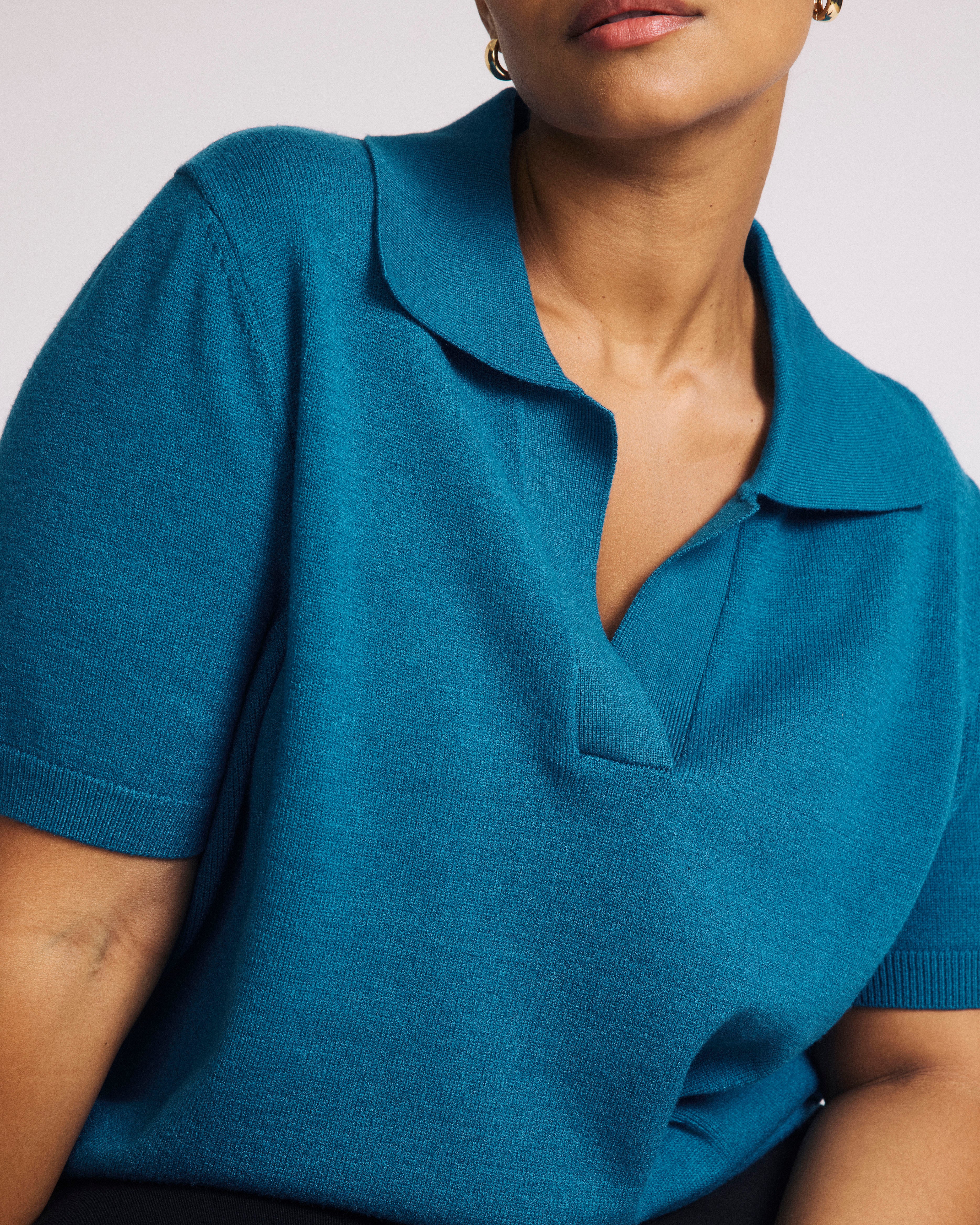 Savvy Fine Knit Short Sleeve Polo Sweater - Blue Beetle - Image 2