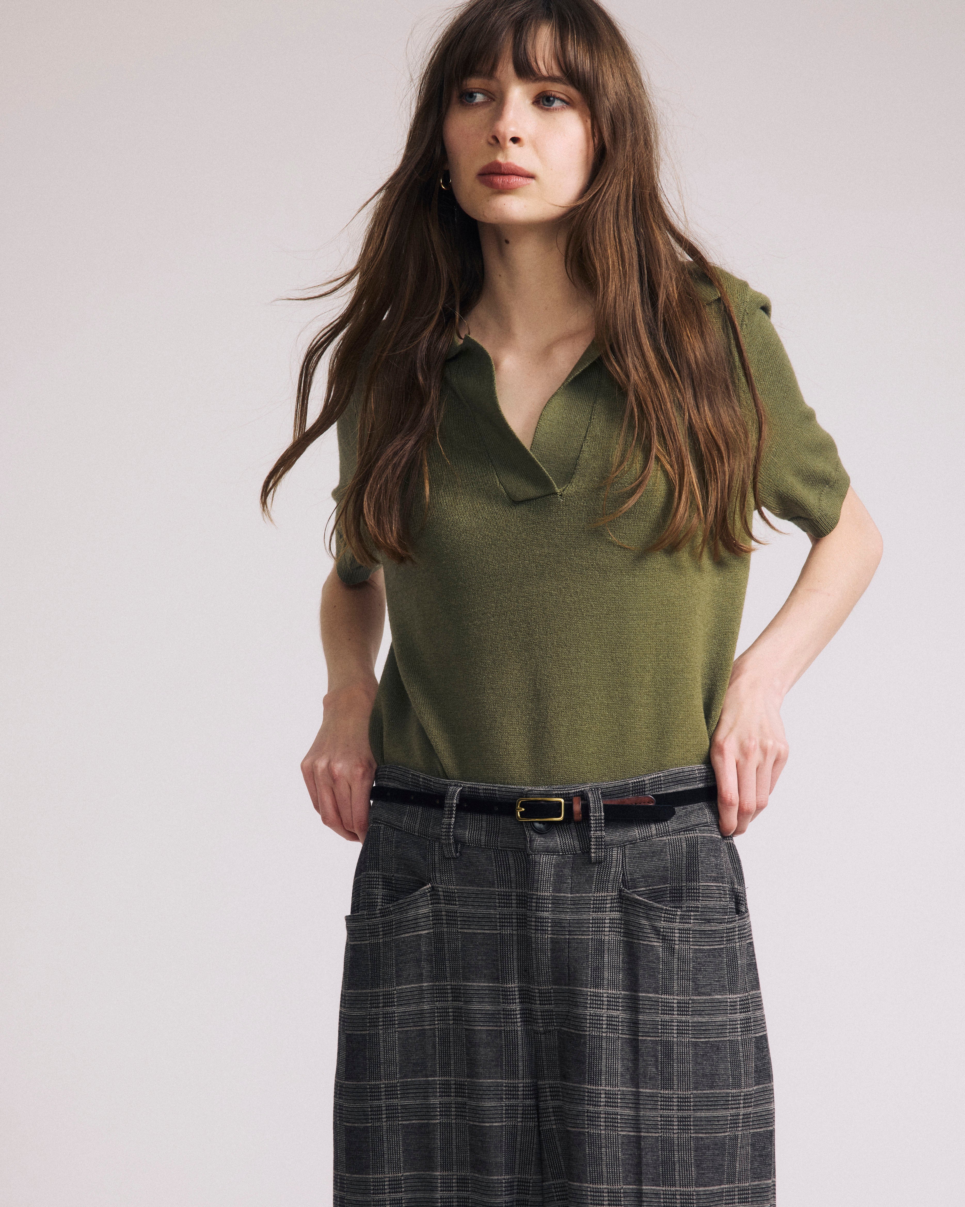 Savvy Fine Knit Short Sleeve Polo Sweater - Olive Leaf - Image 2