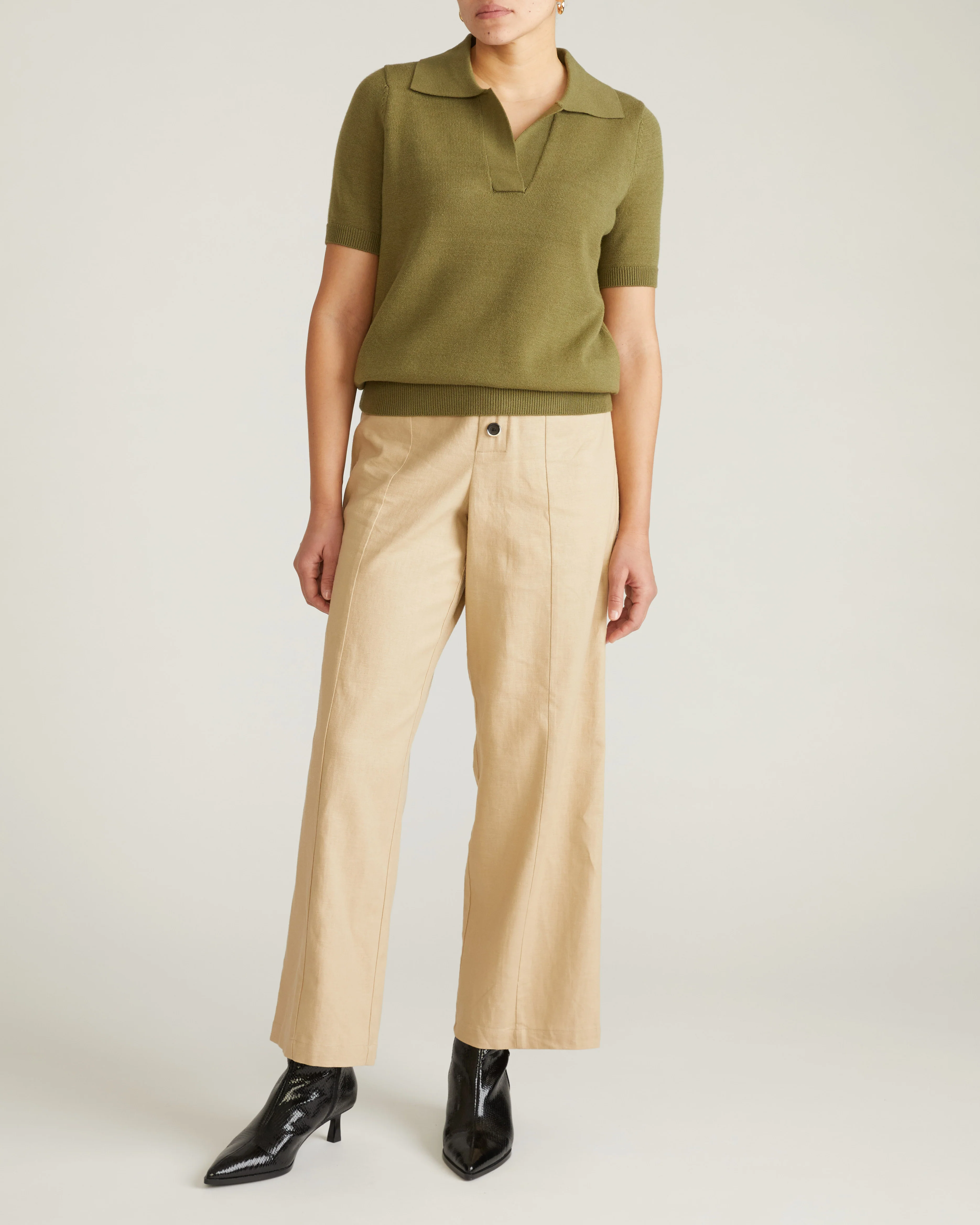 Savvy Fine Knit Short Sleeve Polo Sweater - Olive Leaf - Image 5