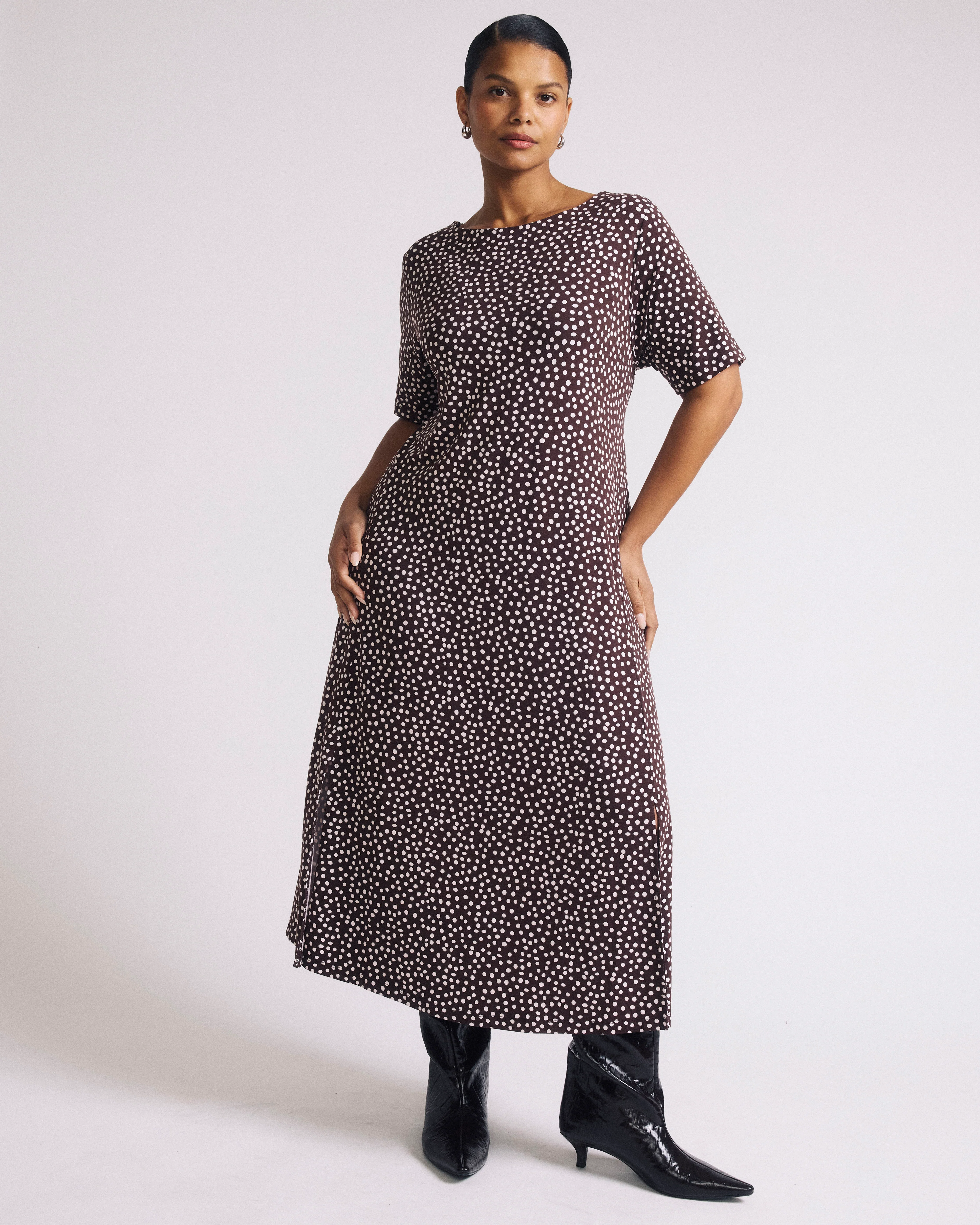 Serena Boatneck Divine Jersey Dress - Brown/White Dot Print - Image 2