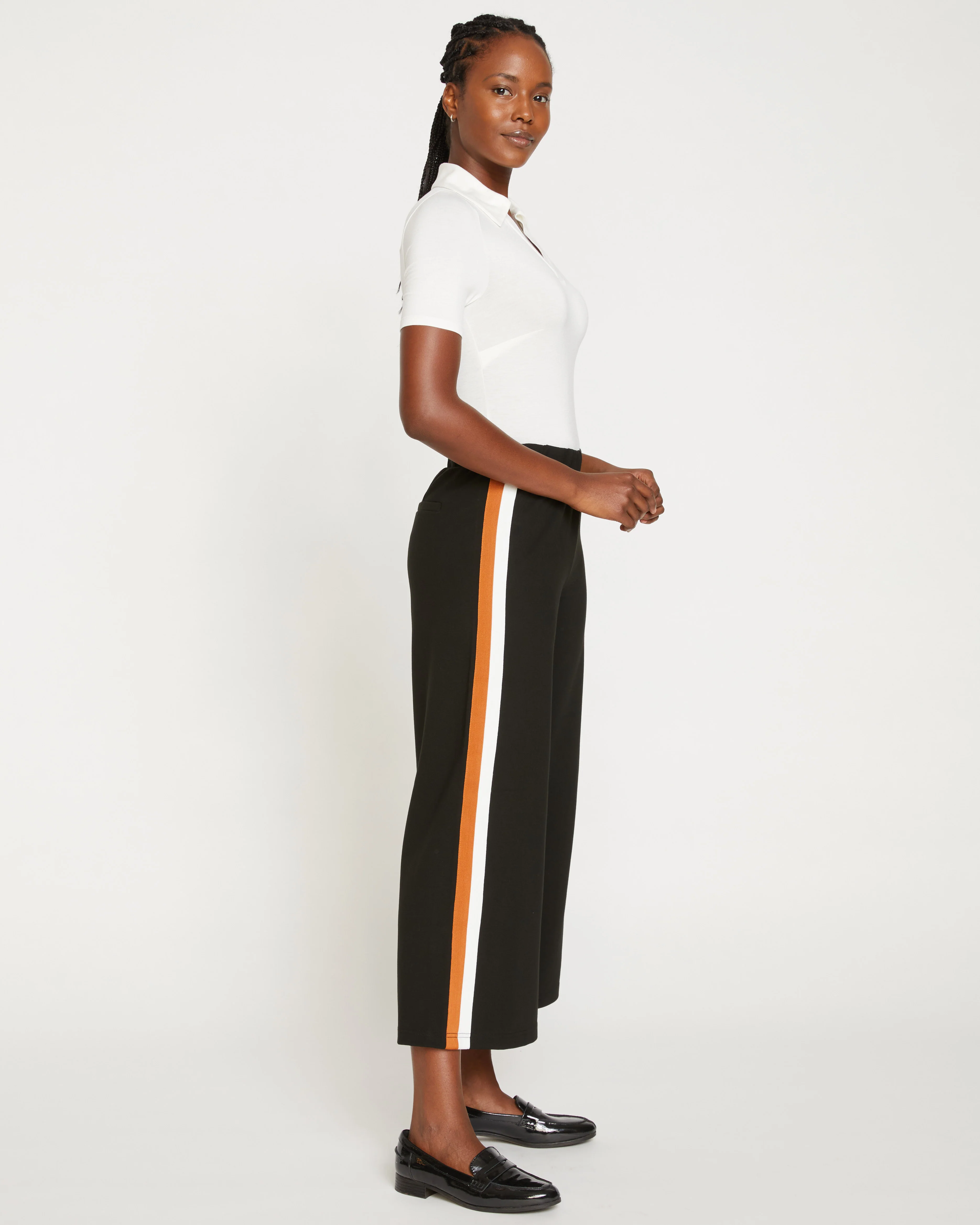 Stephanie Wide Leg Stripe Ponte Pants 27 Inch - Black with Ochre/White Stripe - Image 3