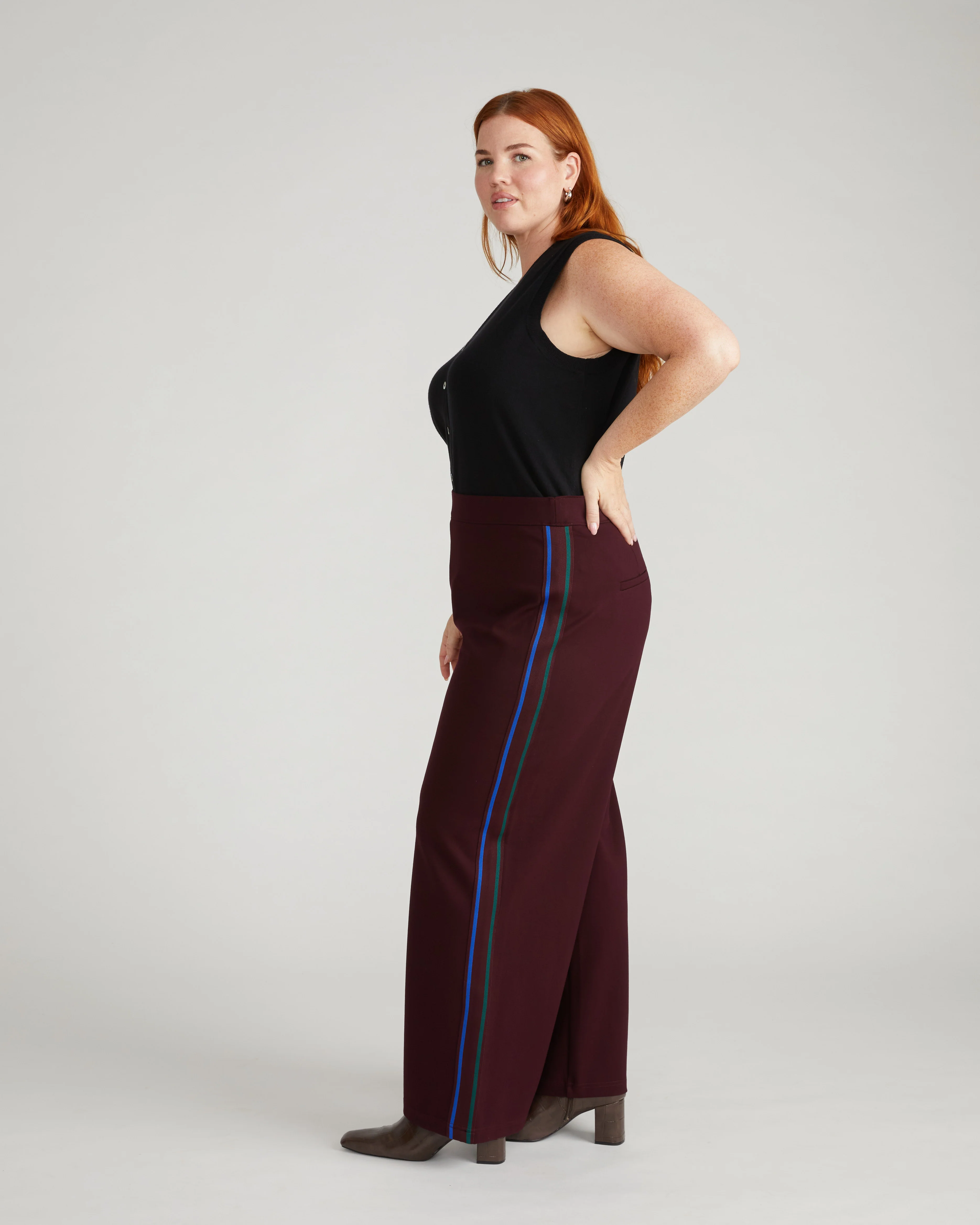 Stephanie Wide Leg Stripe Ponte Pants 30 Inch - Black Cherry with Green/Ultramarine Piping - Image 5