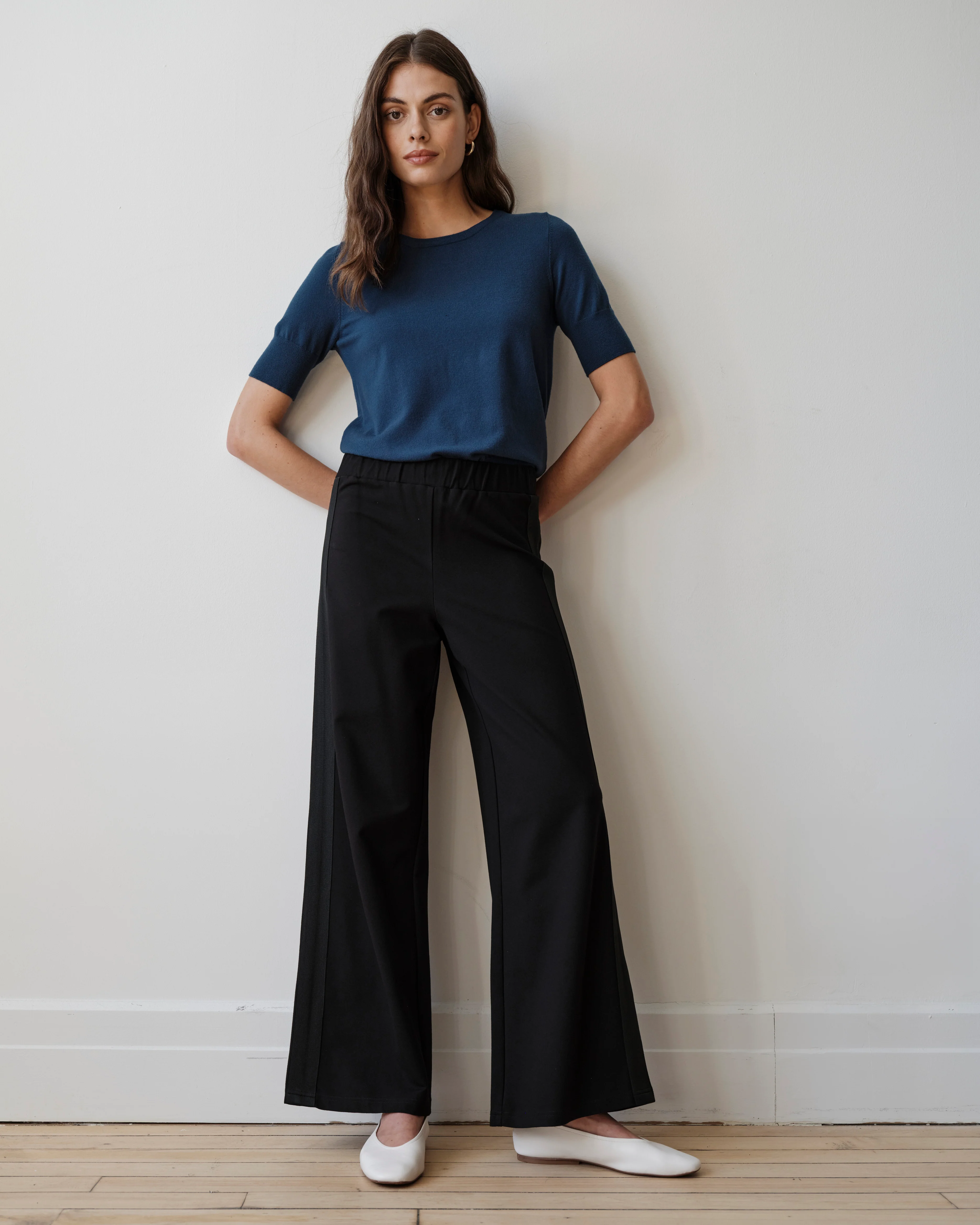 Stephanie Wide Leg Stripe Ponte Pants 30 Inch - Black with Black Stripe - Image 2