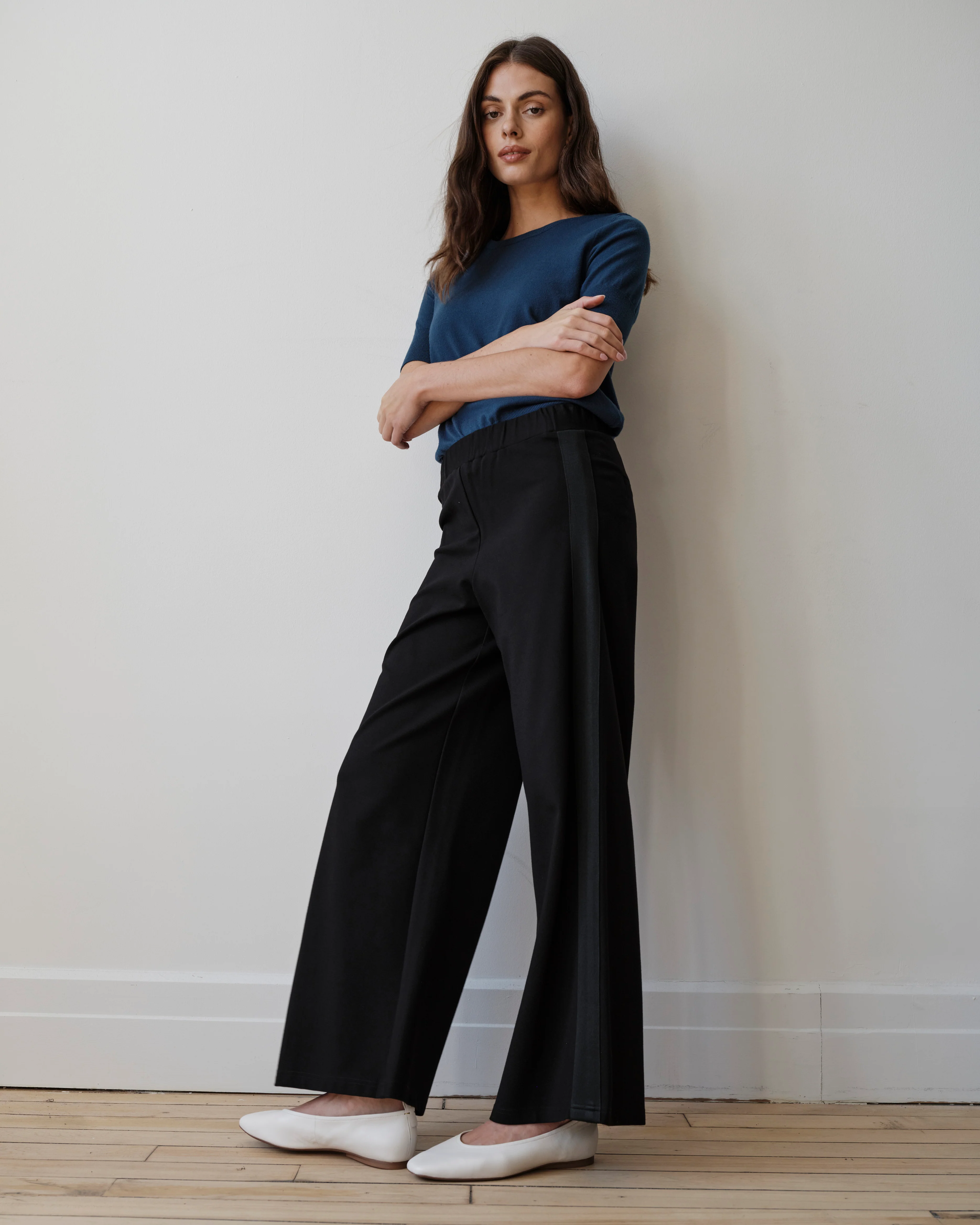 Stephanie Wide Leg Stripe Ponte Pants 30 Inch - Black with Black Stripe - Image 4