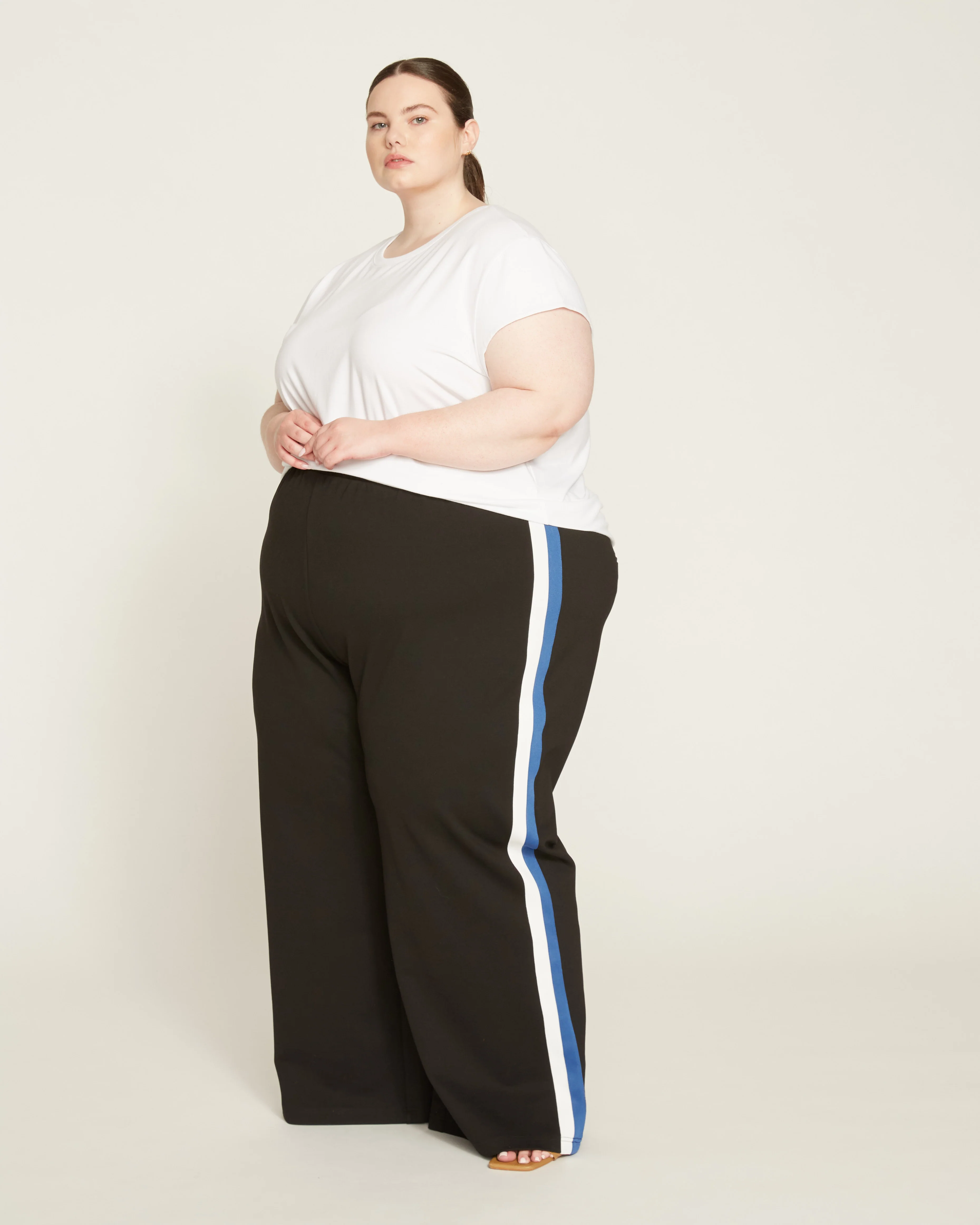Stephanie Wide Leg Stripe Ponte Pants 30 Inch - Black with Blue/White Stripe - Image 4
