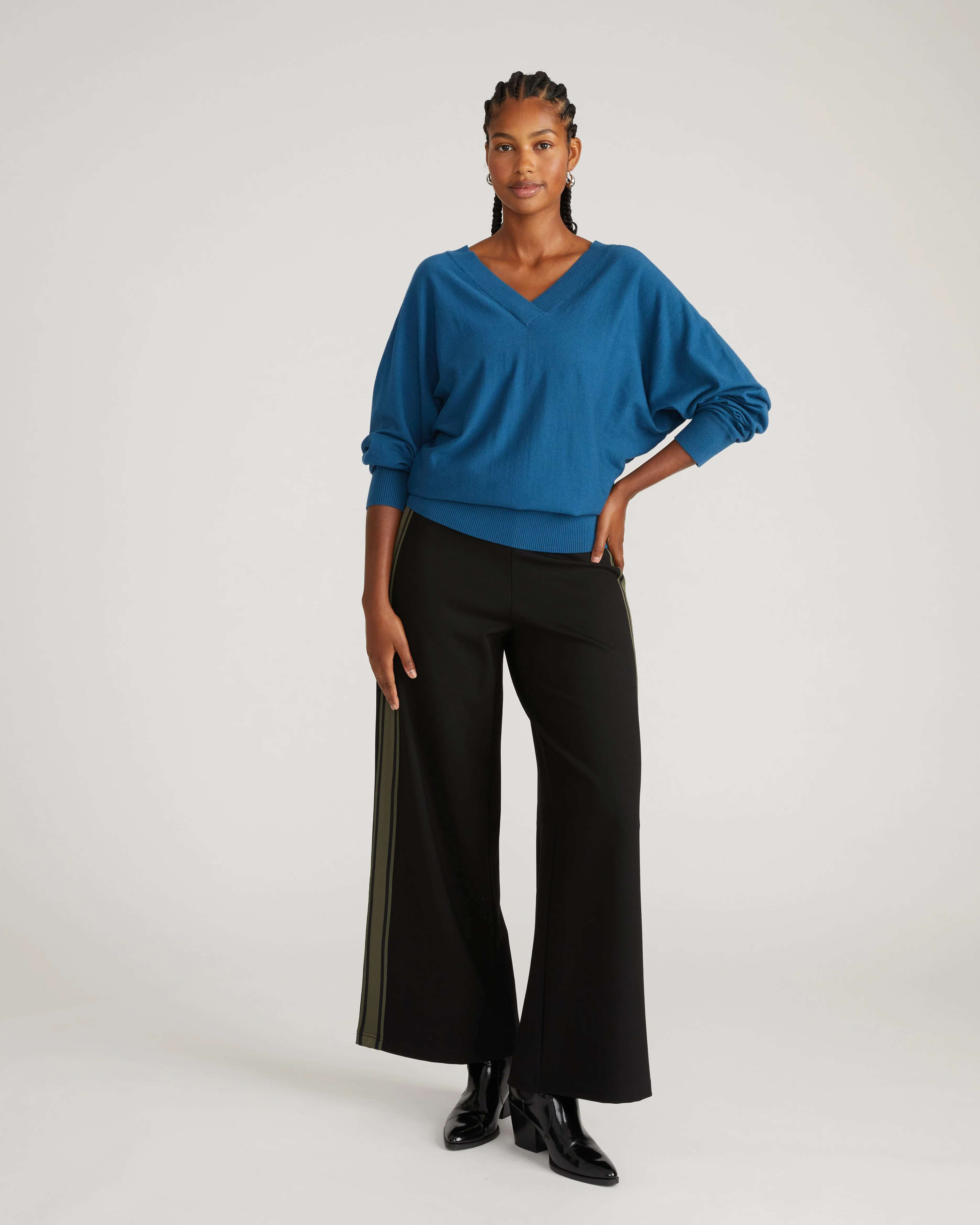 Stephanie Wide Leg Stripe Ponte Pants 30 Inch - Black with Camo Stripe - Image 2