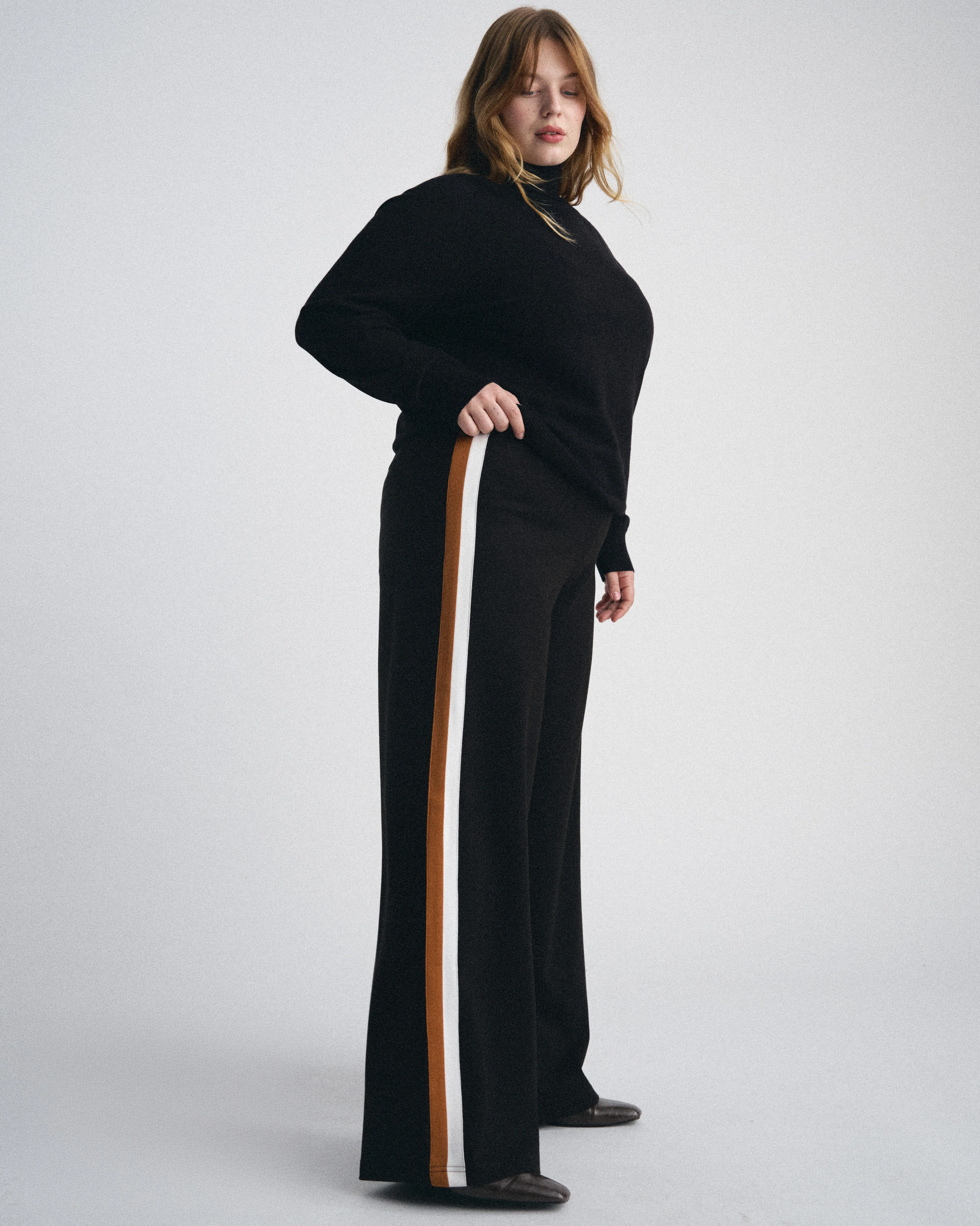 Stephanie Wide Leg Stripe Ponte Pants 30 Inch - Black with Ochre/White Stripe - Image 2