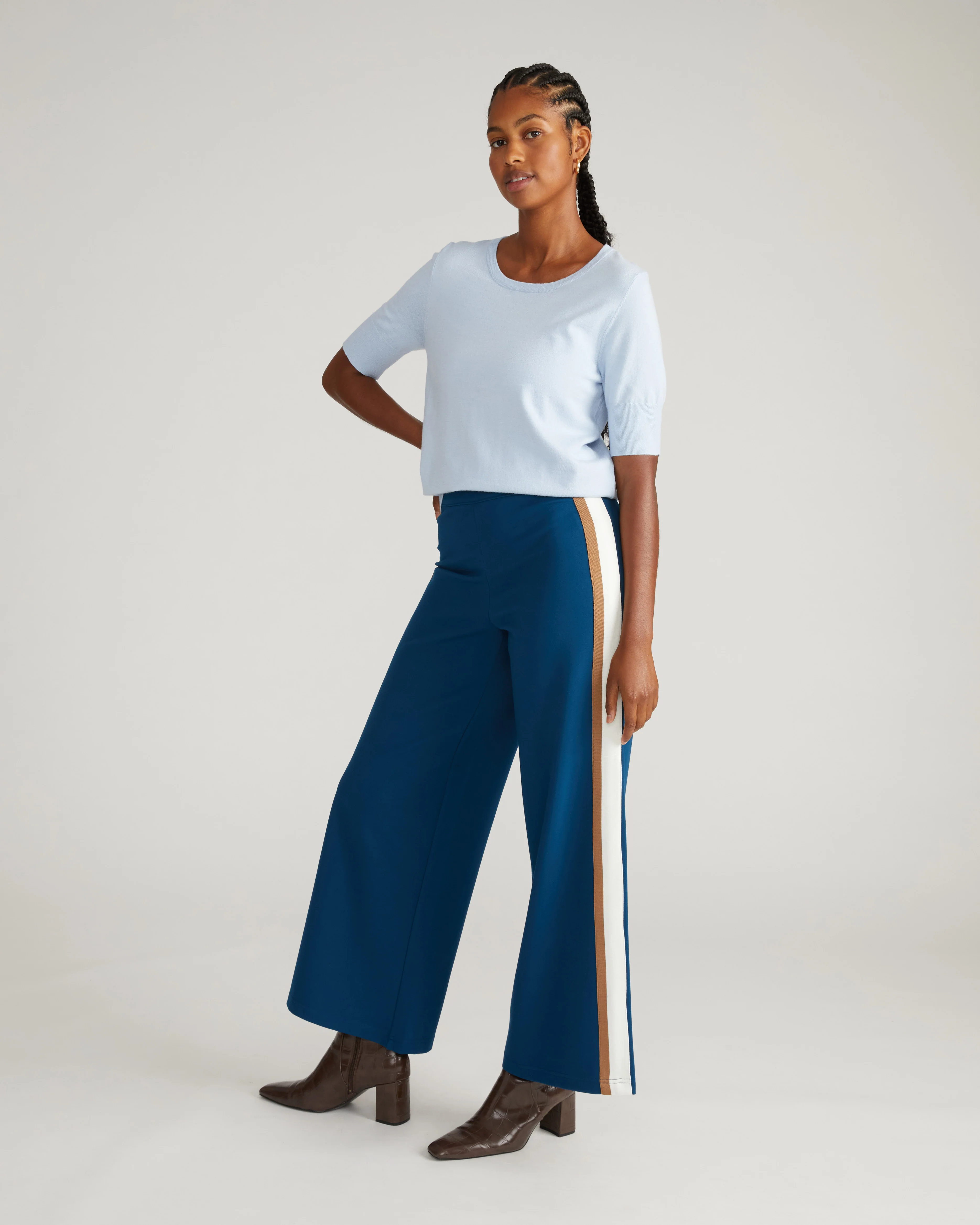 Stephanie Wide Leg Stripe Ponte Pants 30 Inch - Deep Teal with Camel/Ecru Stripe - Image 3