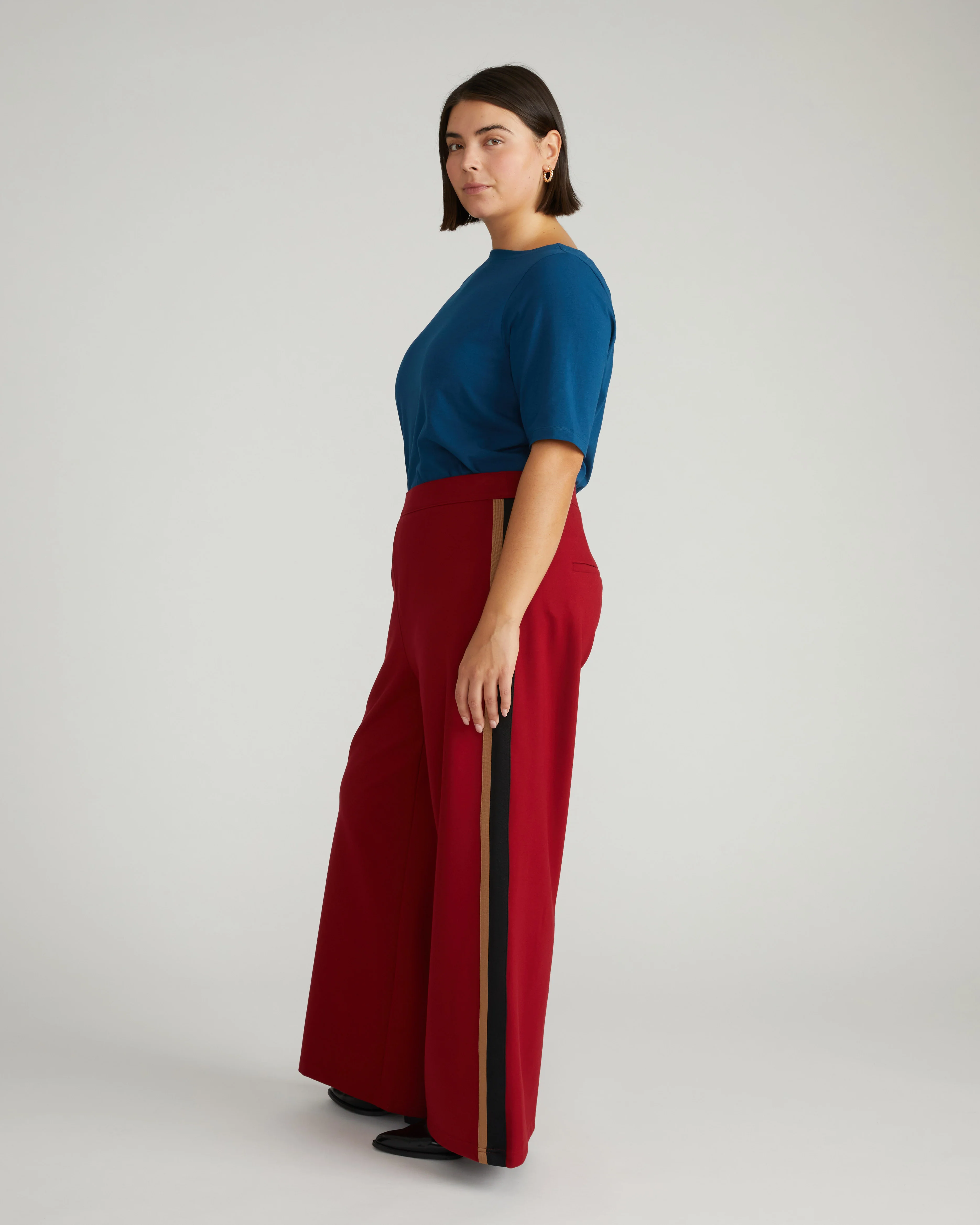 Stephanie Wide Leg Stripe Ponte Pants 30 Inch - Garnet with Camel/Black Stripe - Image 4