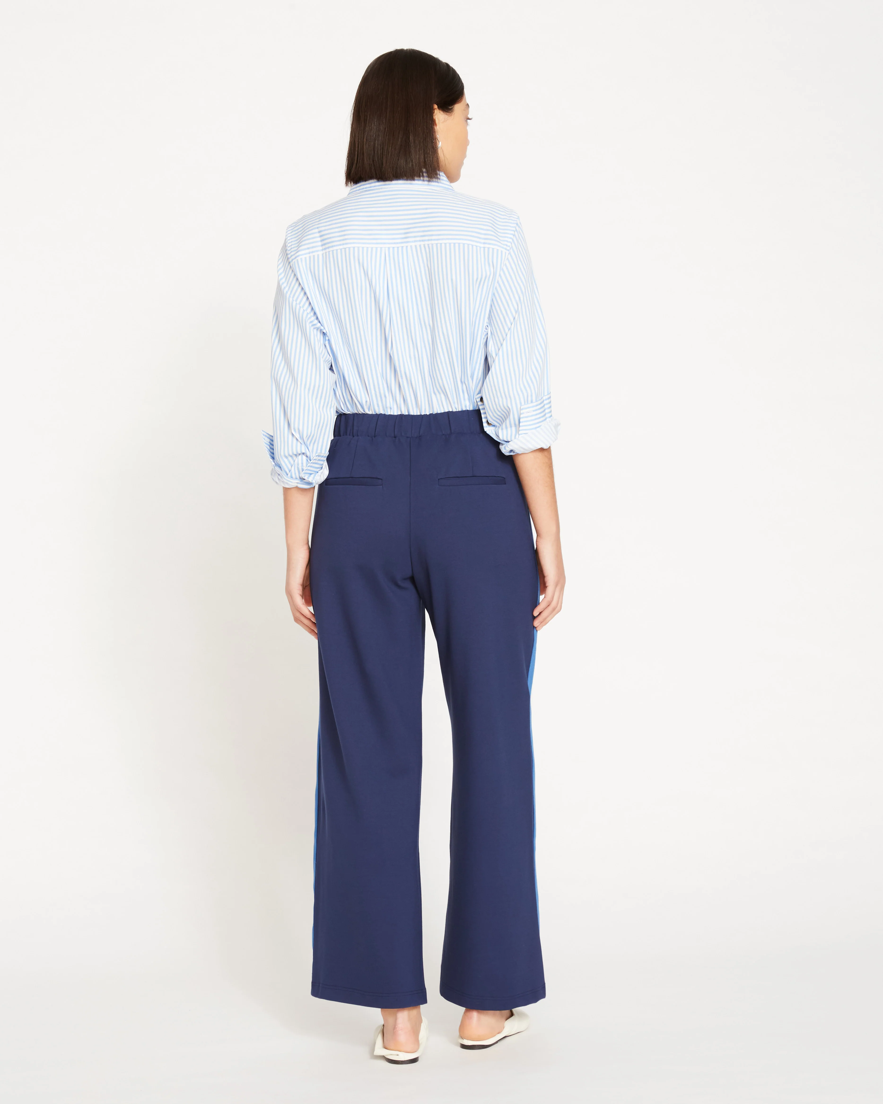 Stephanie Wide Leg Stripe Ponte Pants 30 Inch - Navy with Blue/White Stripe - Image 4