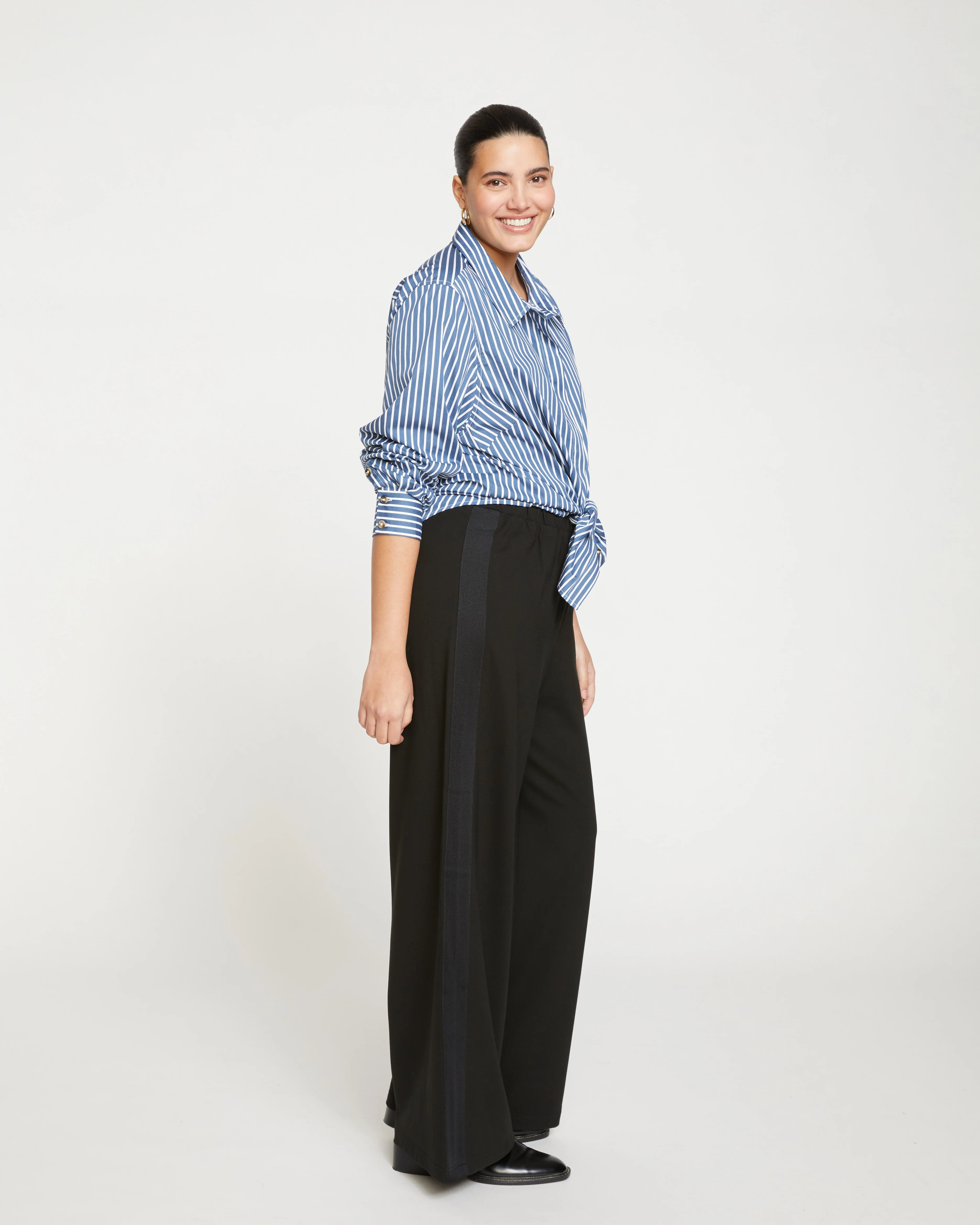 Stephanie Wide Leg Stripe Ponte Pants 33 Inch - Black with Black Stripe - Image 3
