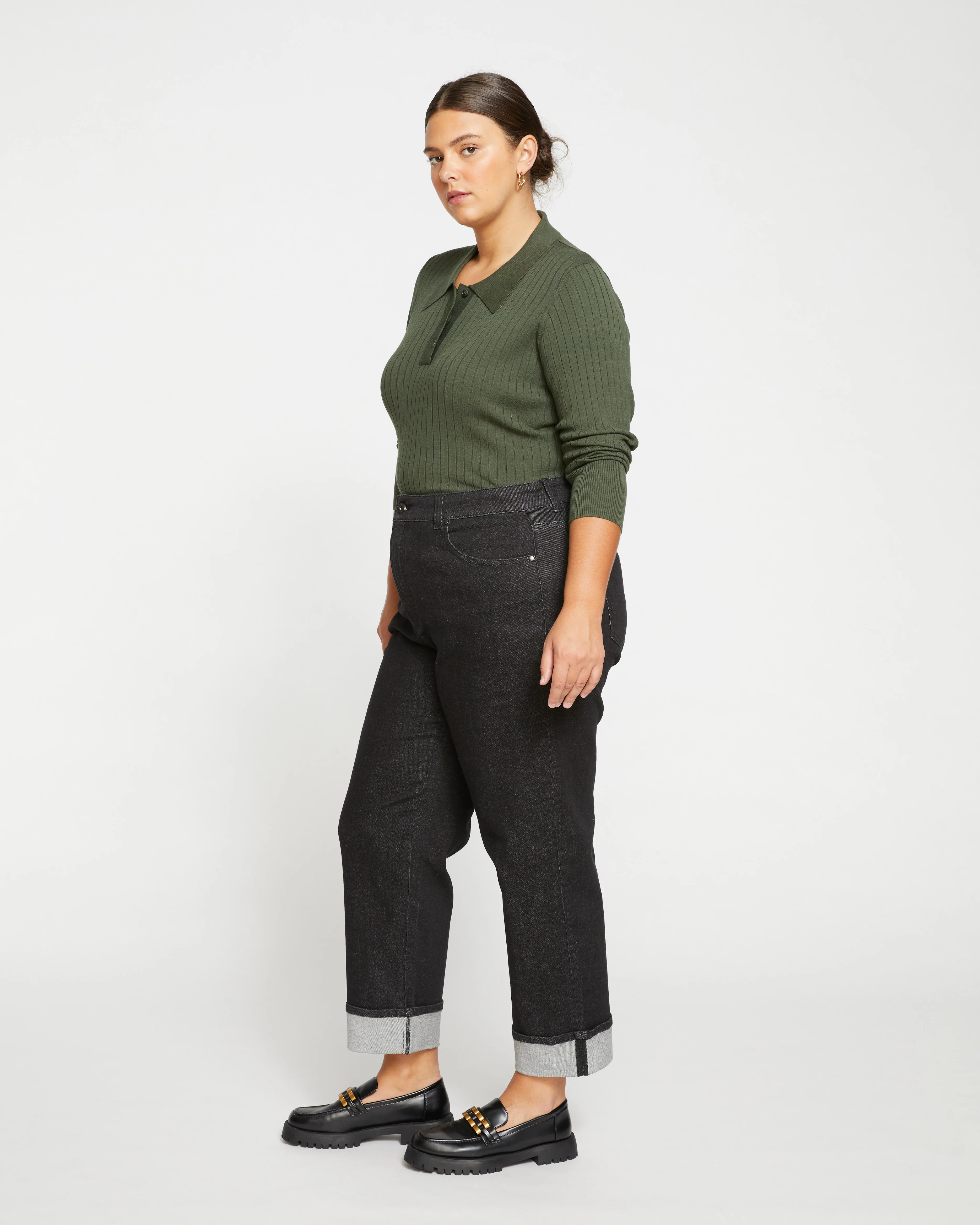 Stevie High Rise Cuffed Straight Leg Jeans - Black Selvedge - Image 3
