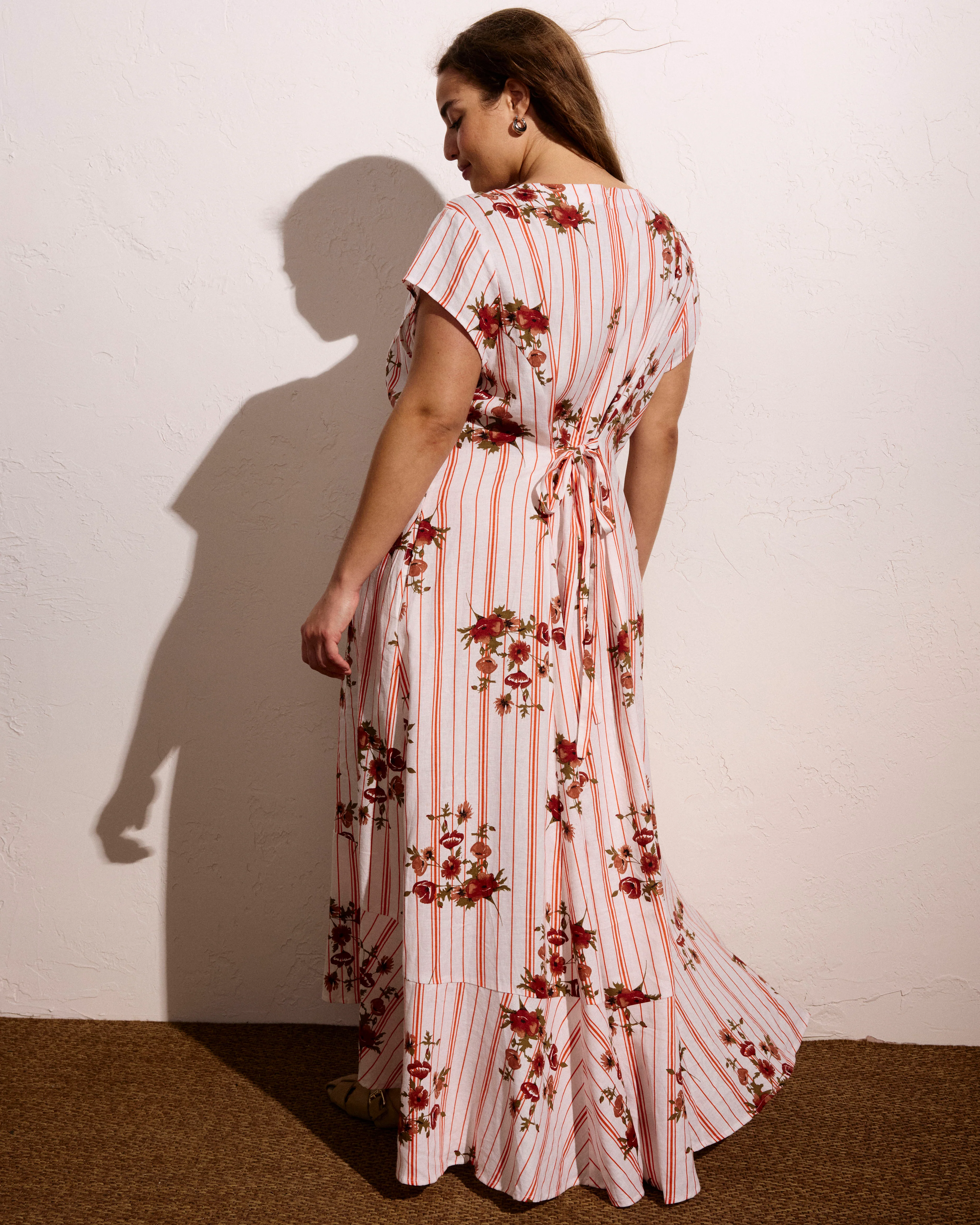 Sunset Linen Flounce Dress - Wild Flower Bouquet Print on Stripes - Image 3