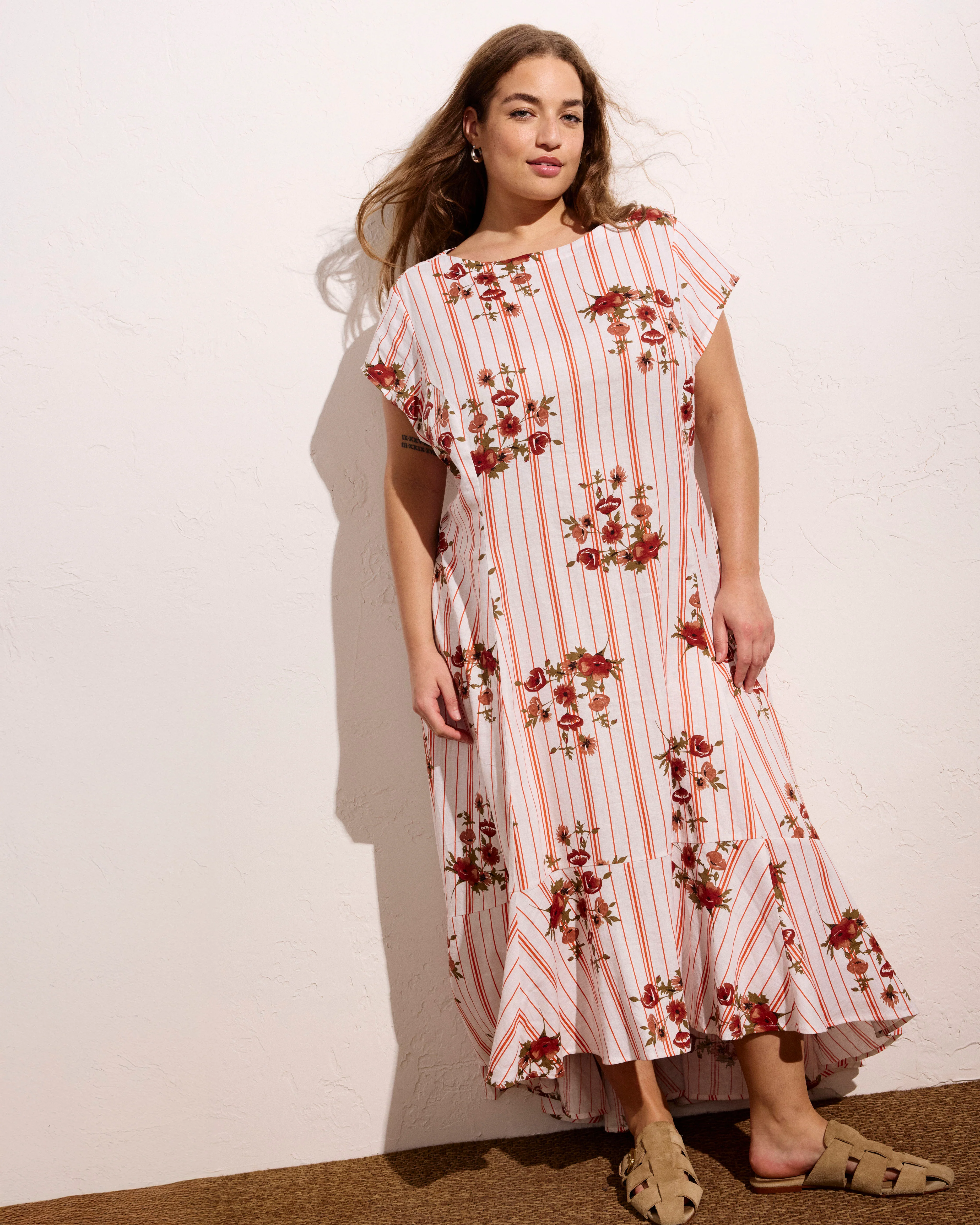 Sunset Linen Flounce Dress - Wild Flower Bouquet Print on Stripes - Image 5
