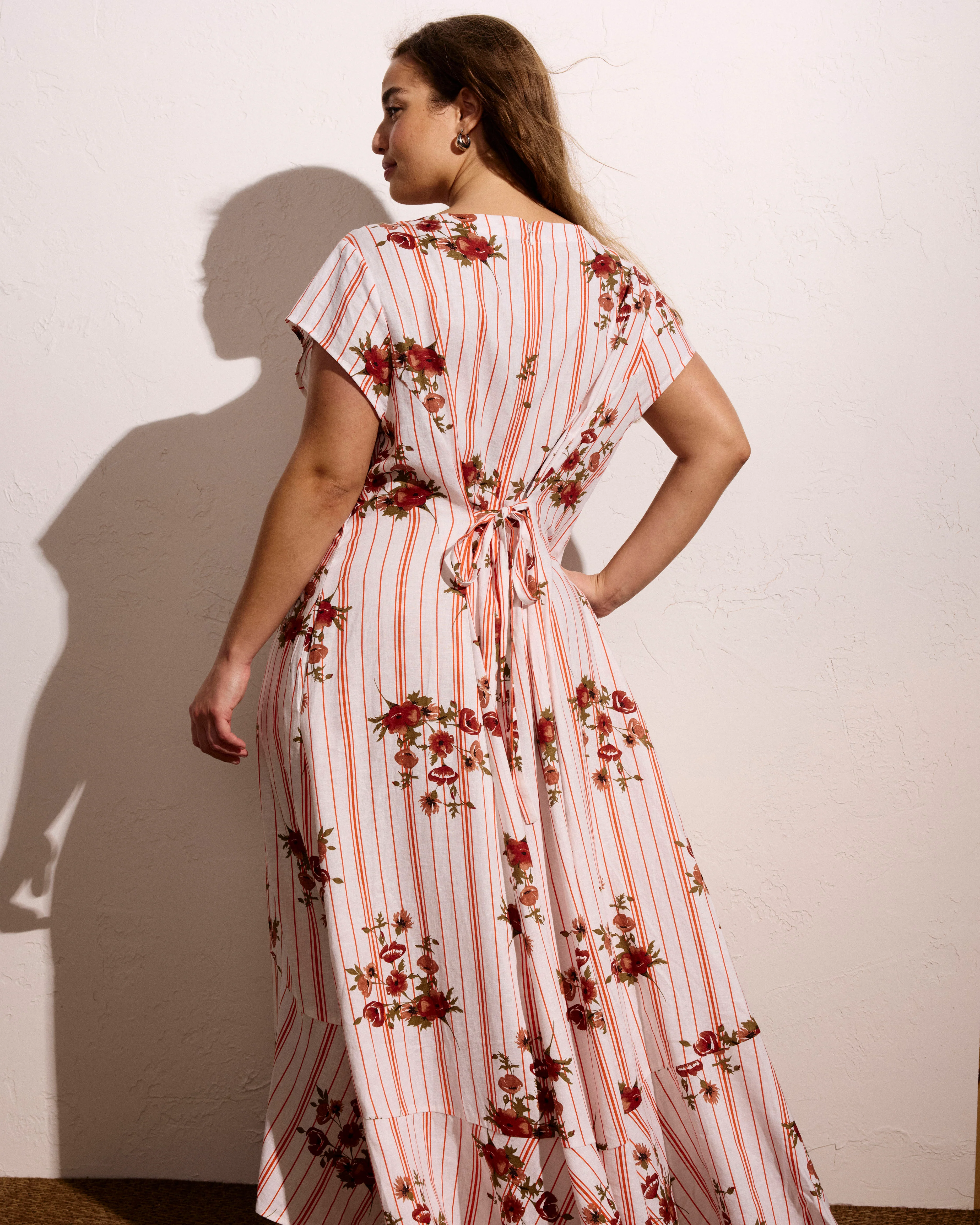 Sunset Linen Flounce Dress - Wild Flower Bouquet Print on Stripes - Image 6