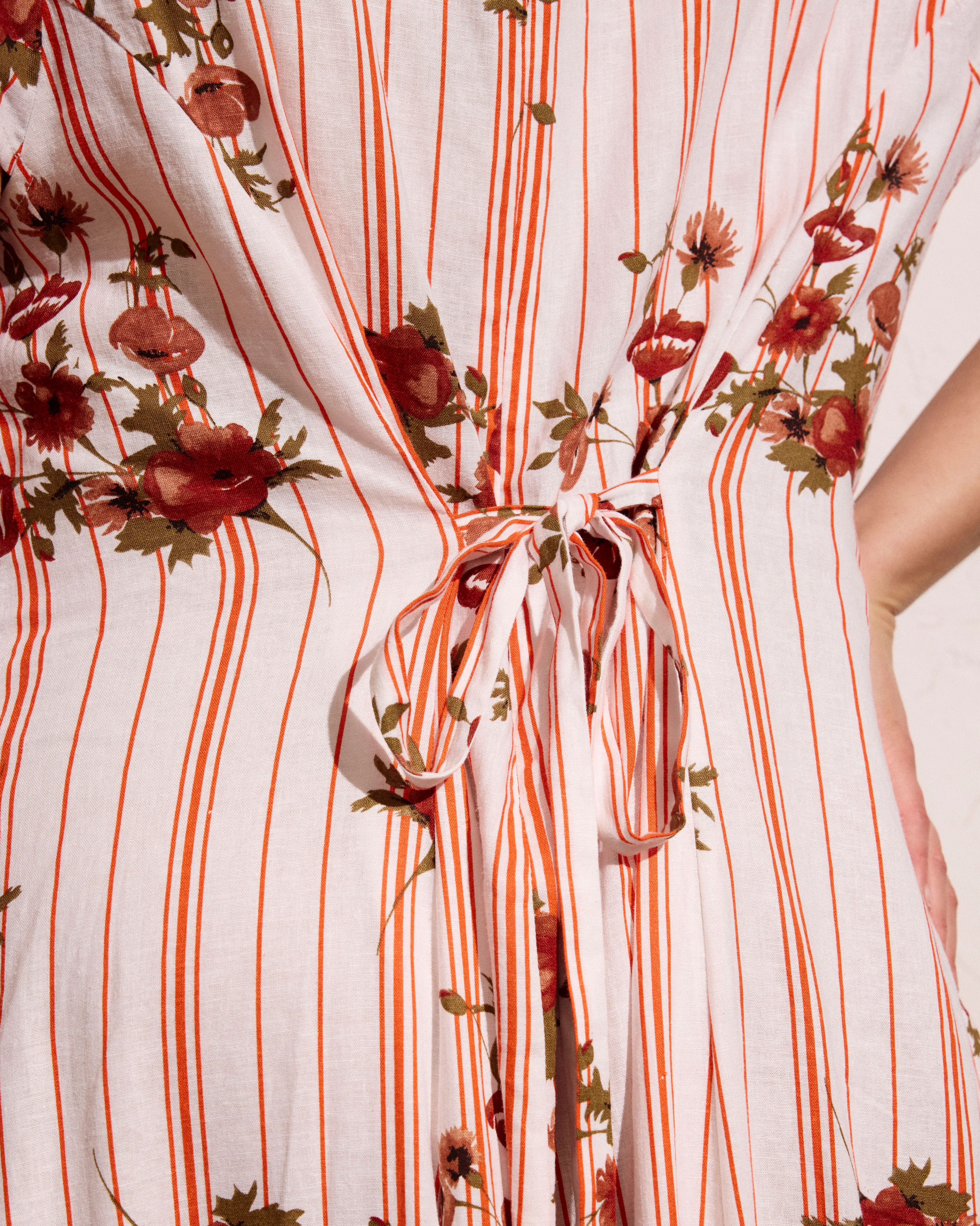 Sunset Linen Flounce Dress - Wild Flower Bouquet Print on Stripes - Image 9