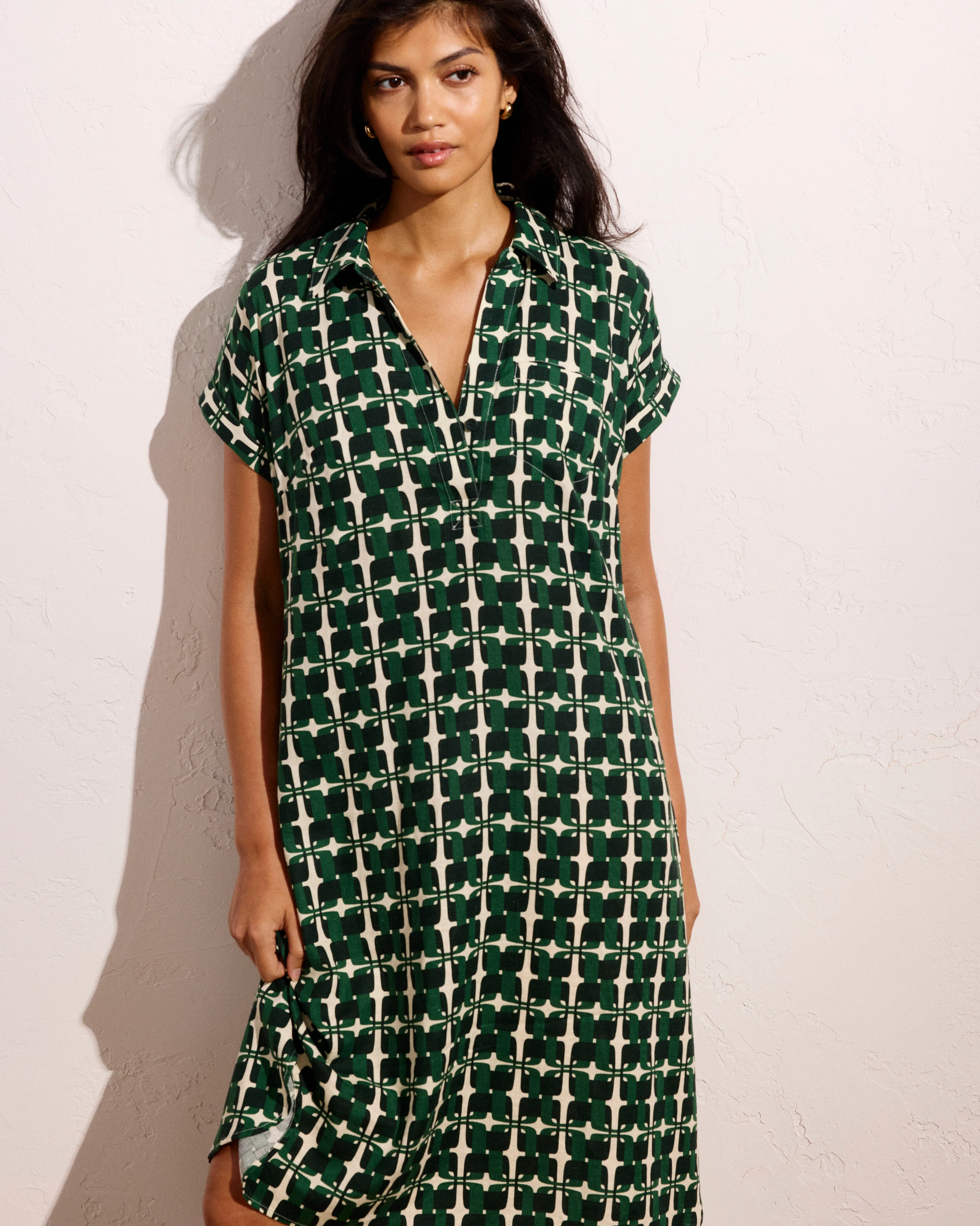 Sunshine Linen Polo Dress - Green Trellis Print - Image 2