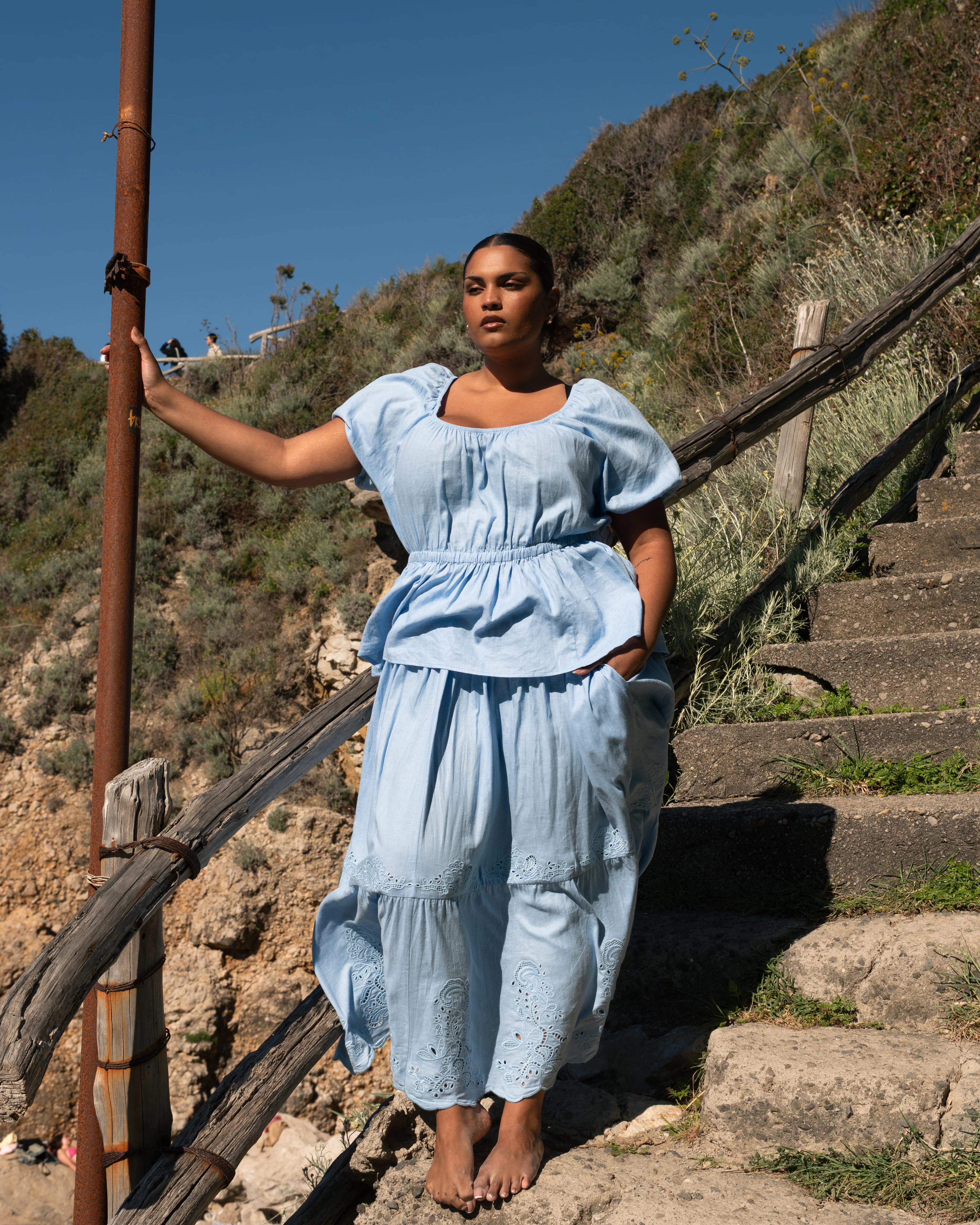 Tosca Embroidered Linen Maxi Skirt - Cielo Blue - Image 2