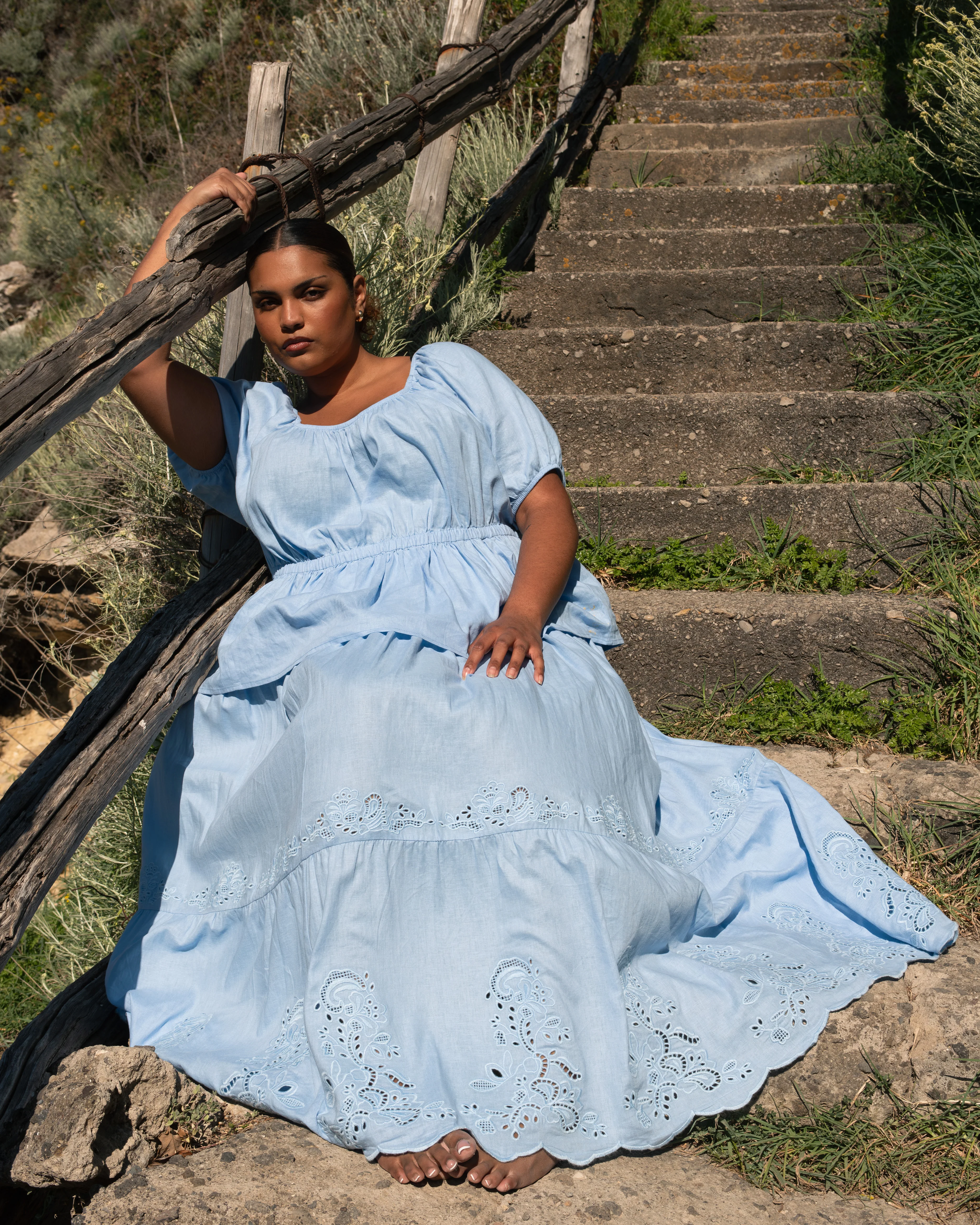Tosca Embroidered Linen Maxi Skirt - Cielo Blue - Image 4
