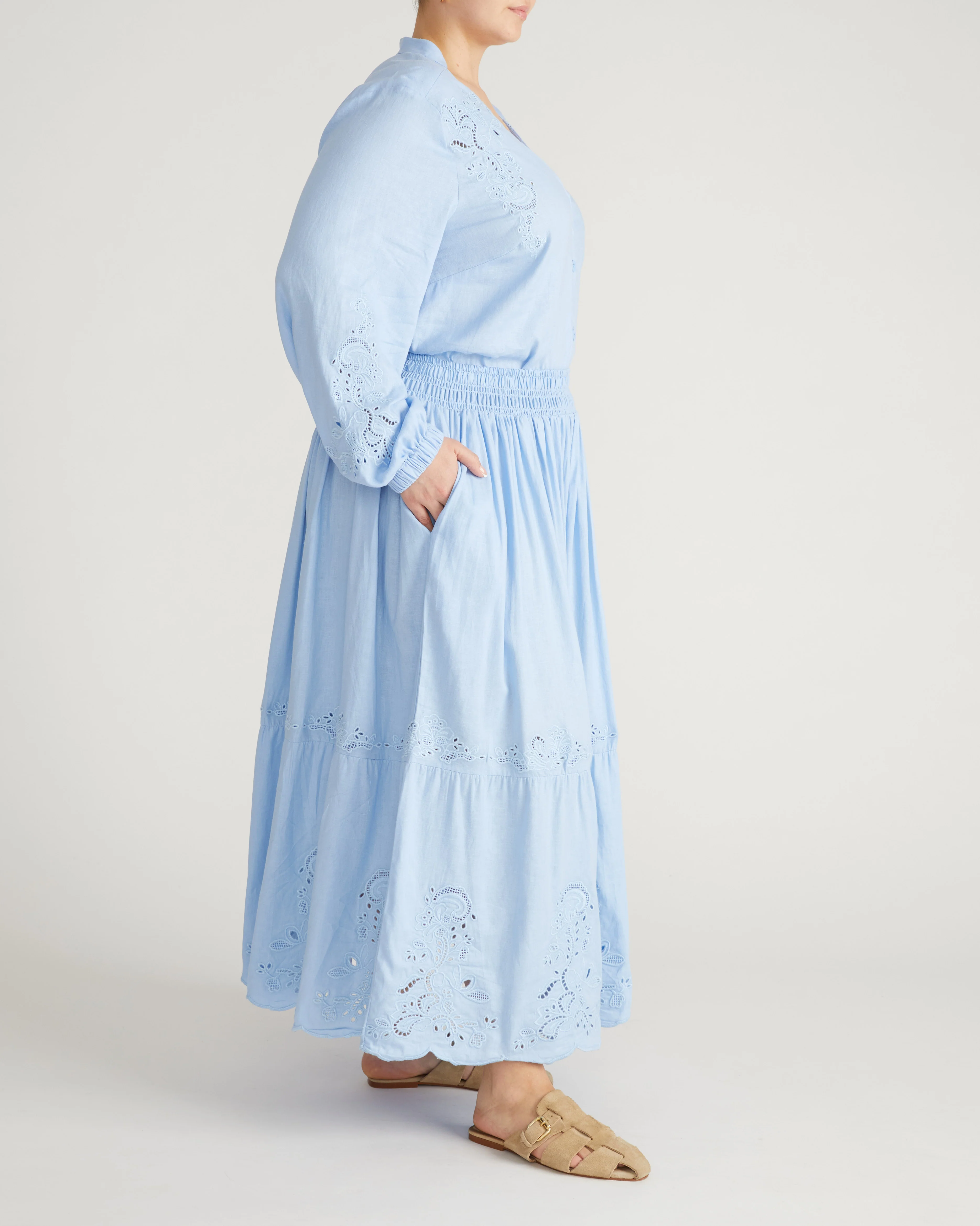 Tosca Embroidered Linen Maxi Skirt - Cielo Blue - Image 8