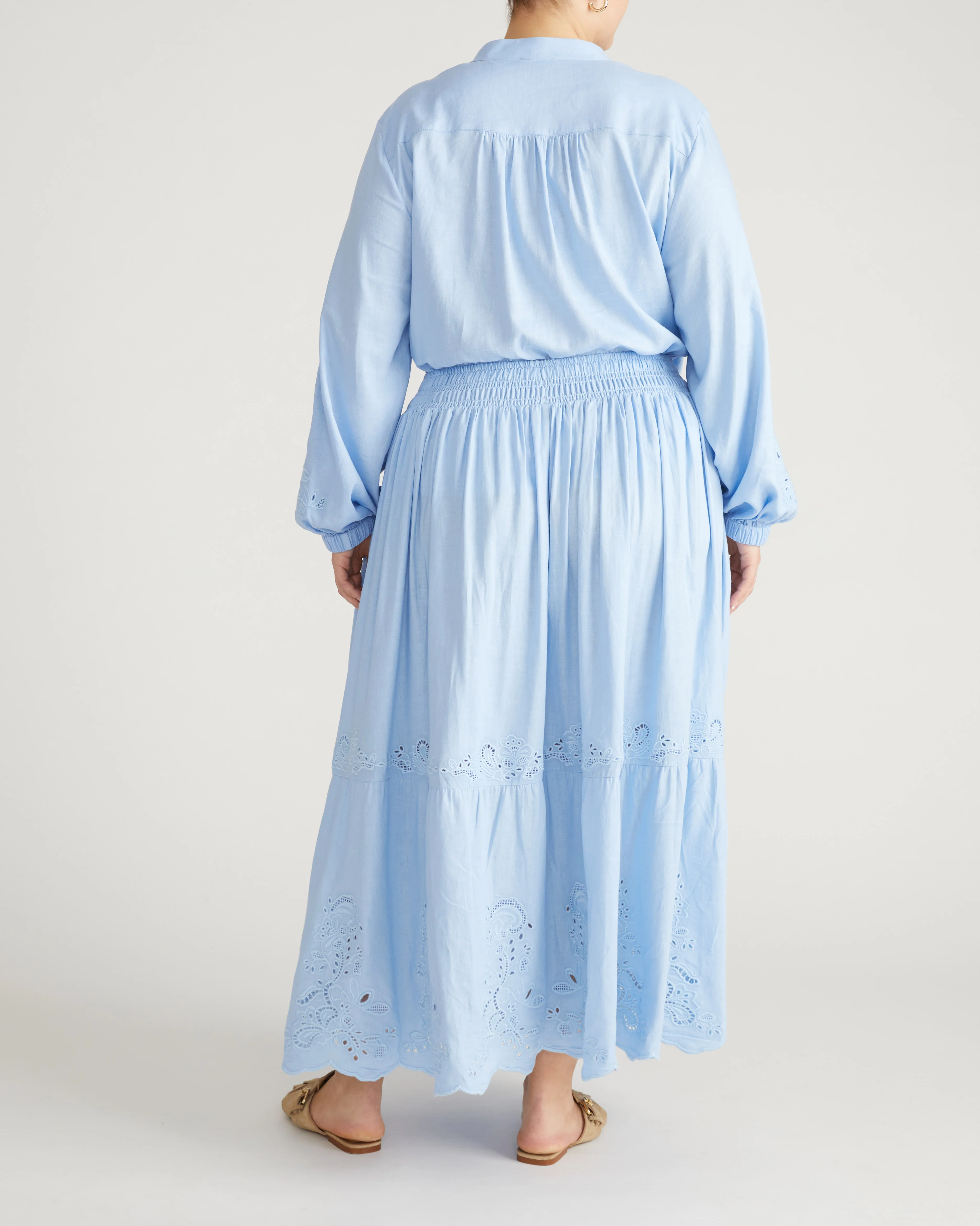 Tosca Embroidered Linen Maxi Skirt - Cielo Blue - Image 9