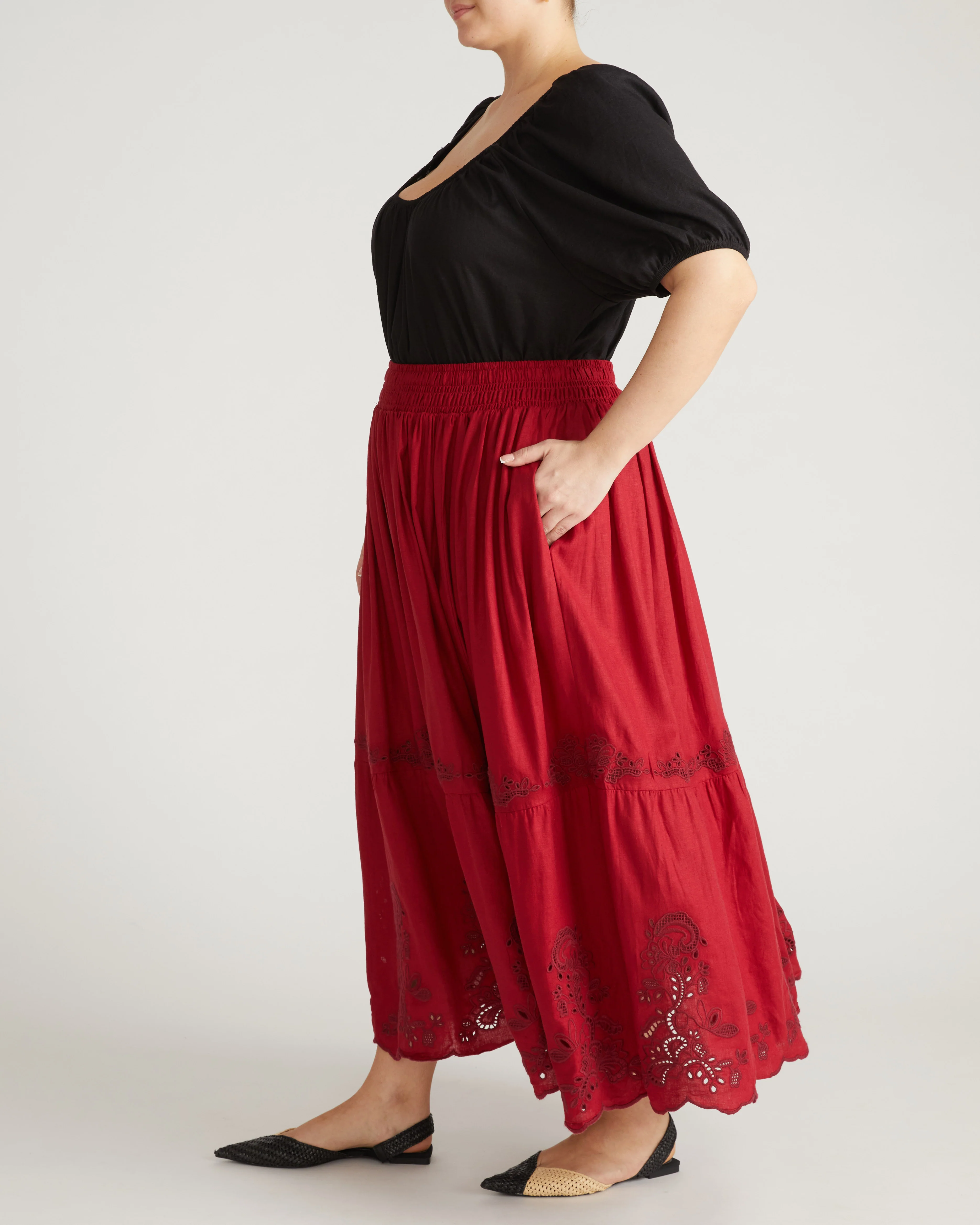 Tosca Embroidered Linen Maxi Skirt - Vibrant Red - Image 4