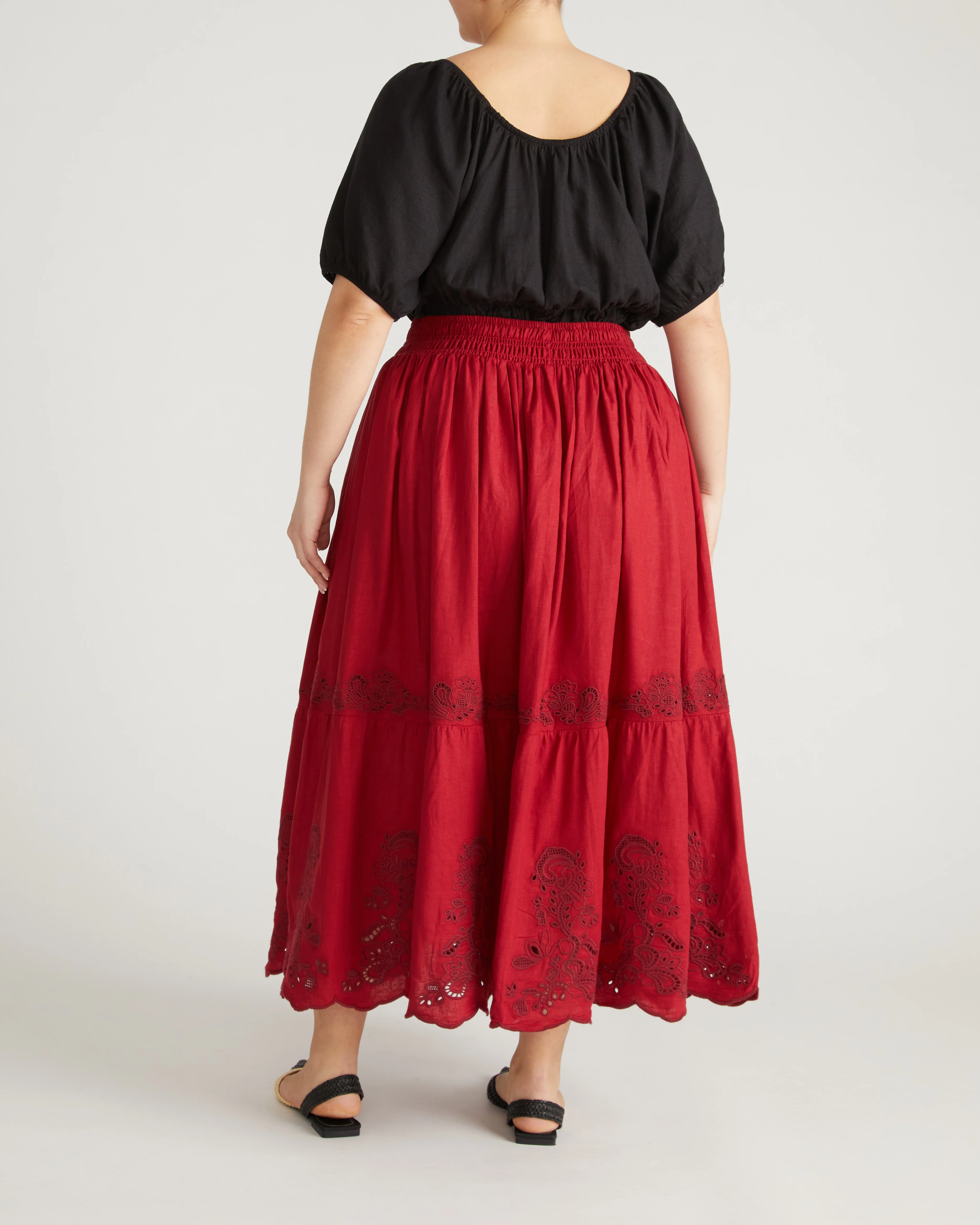 Tosca Embroidered Linen Maxi Skirt - Vibrant Red - Image 5
