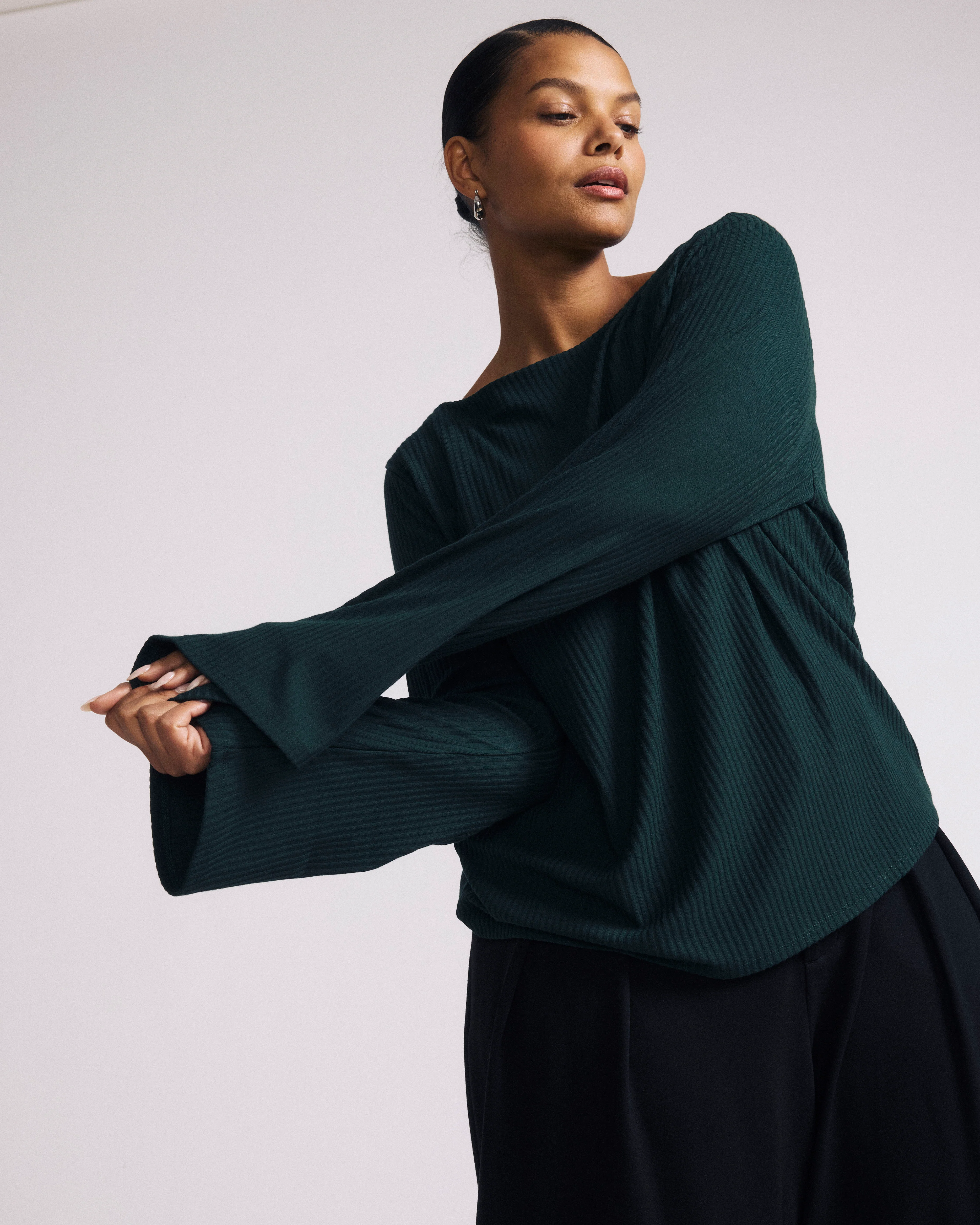Yasmin Flare Sleeve Ribbed Top - Forest Green - Image 2