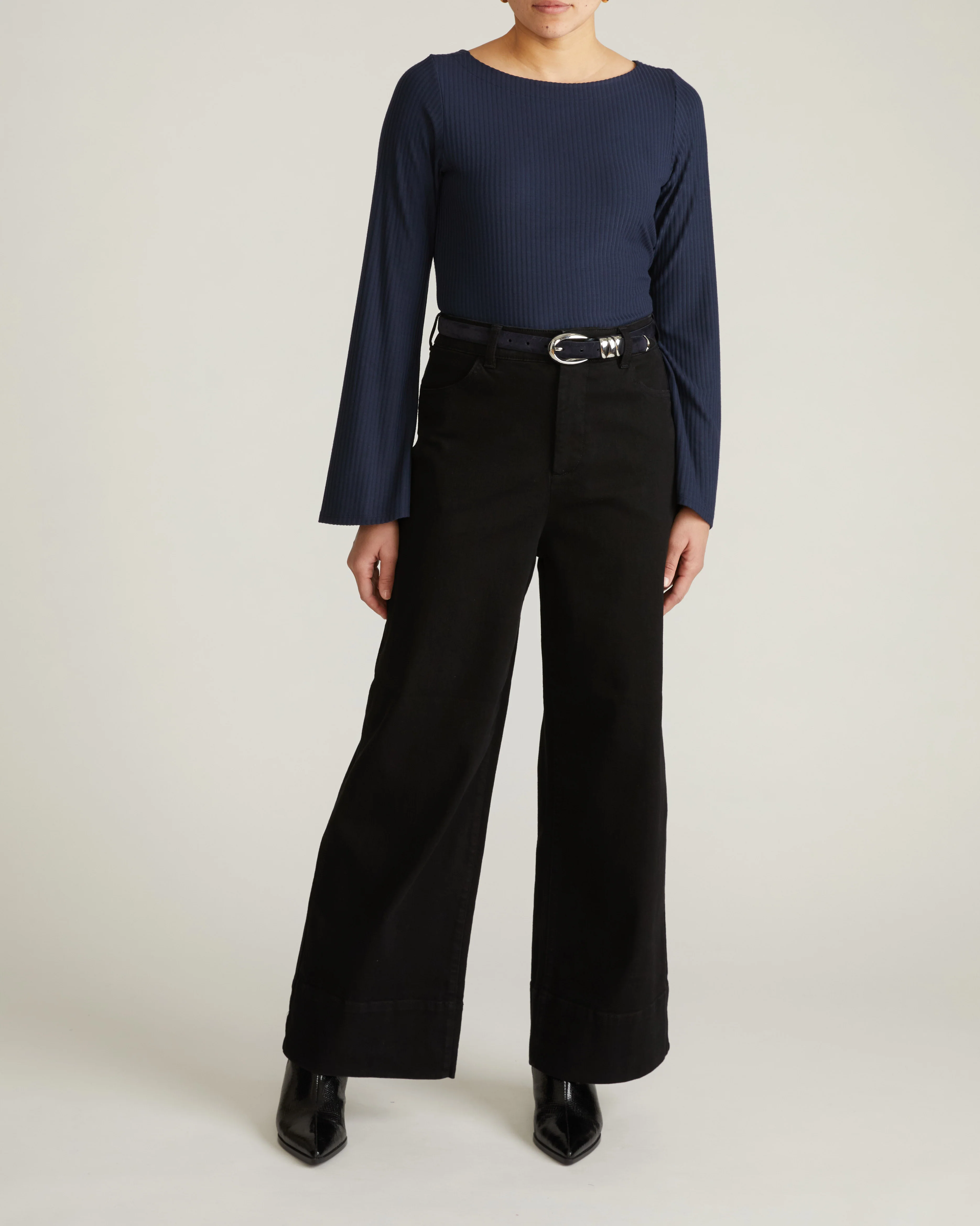 Yasmin Flare Sleeve Ribbed Top - Midnight - Image 2